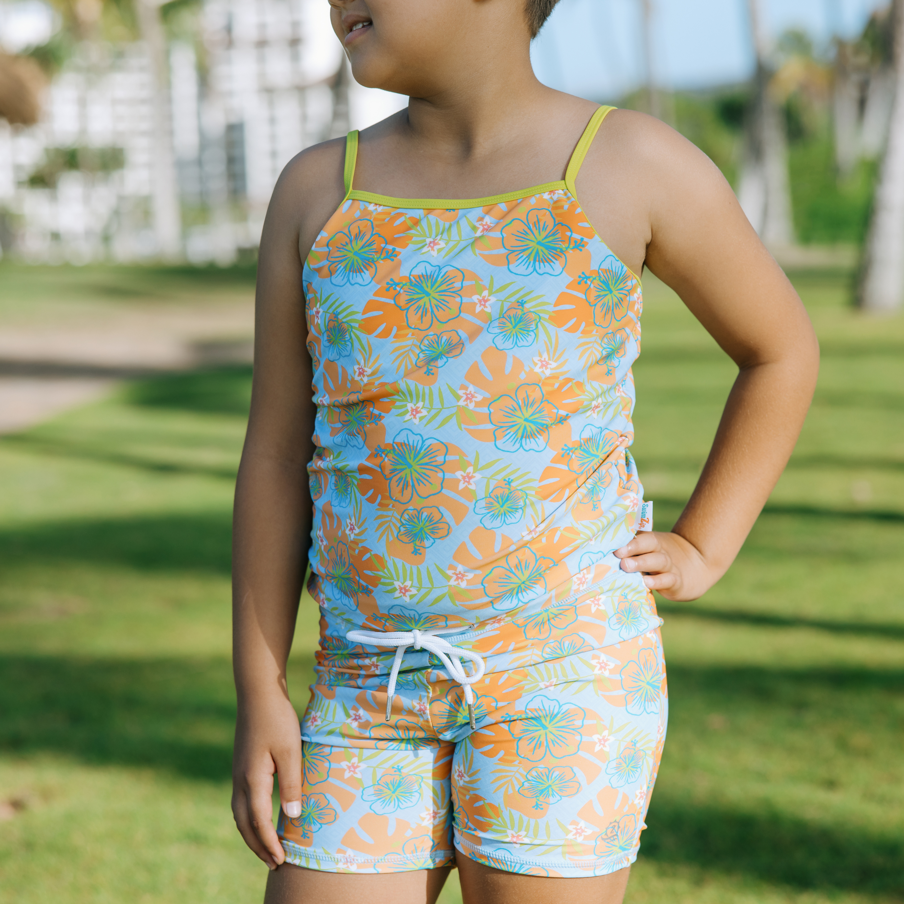 Girls Long Sleeve Rash Guard + Tankini Shorts Set (3 Piece) | "Groovy"-SwimZip UPF 50+ Sun Protective Swimwear & UV Zipper Rash Guards-pos8