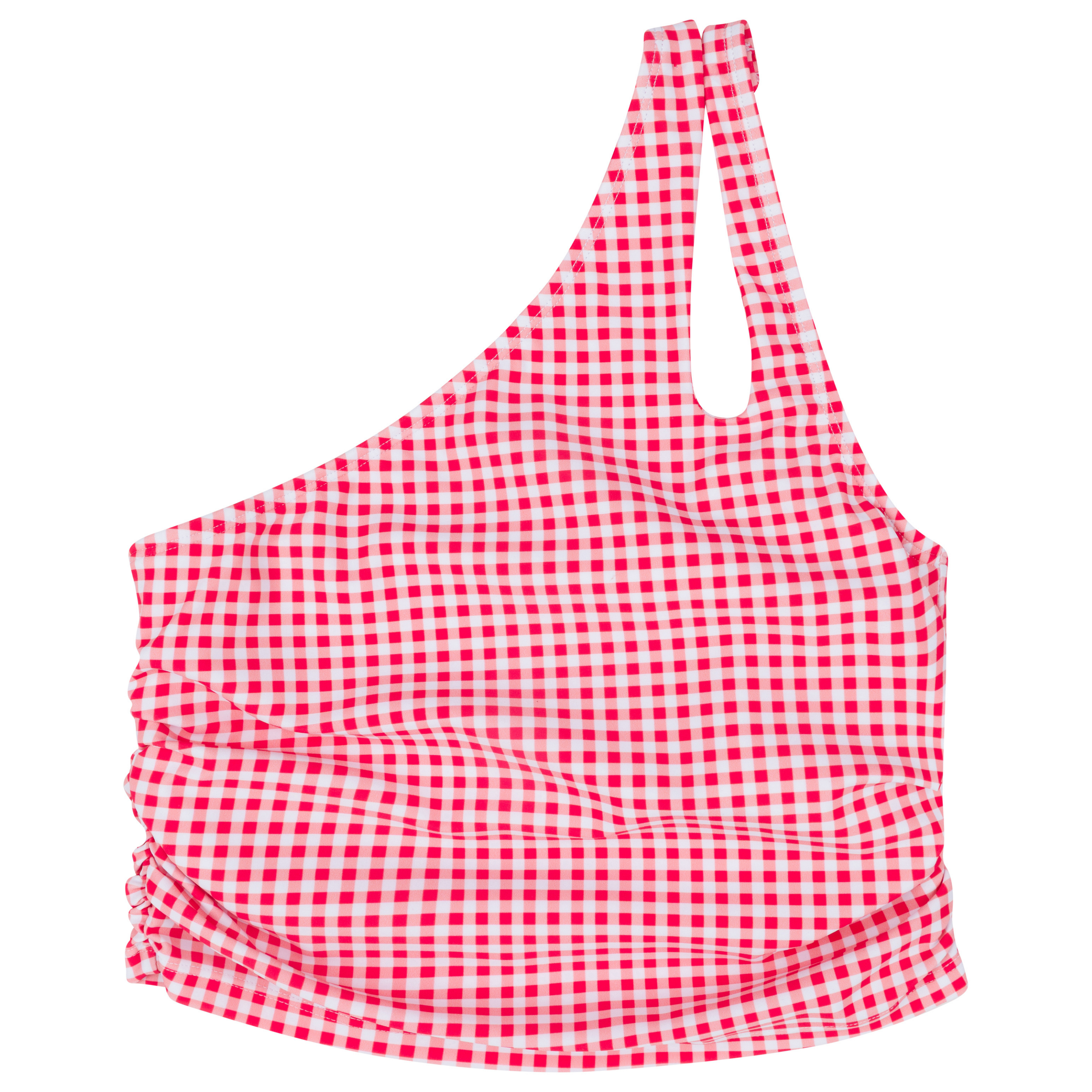 Women’s One Shoulder Crop Tankini Top | “Red Gingham"-XS-Red Gingham-SwimZip UPF 50+ Sun Protective Swimwear & UV Zipper Rash Guards-pos1