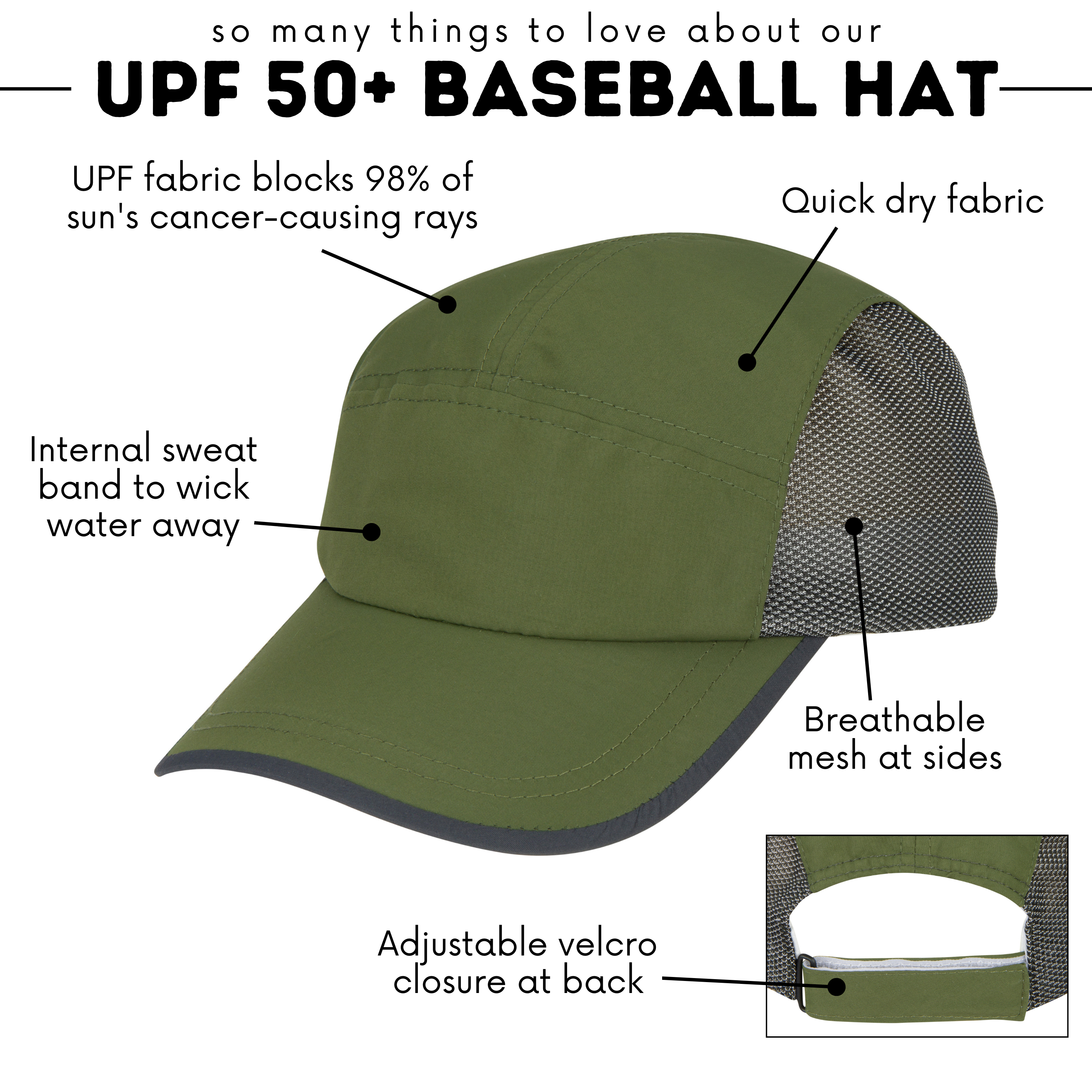 Adjustable UPF Baseball Hat - one-size fits all | Olive-1 Size-Olive-SwimZip UPF 50+ Sun Protective Swimwear & UV Zipper Rash Guards-pos5