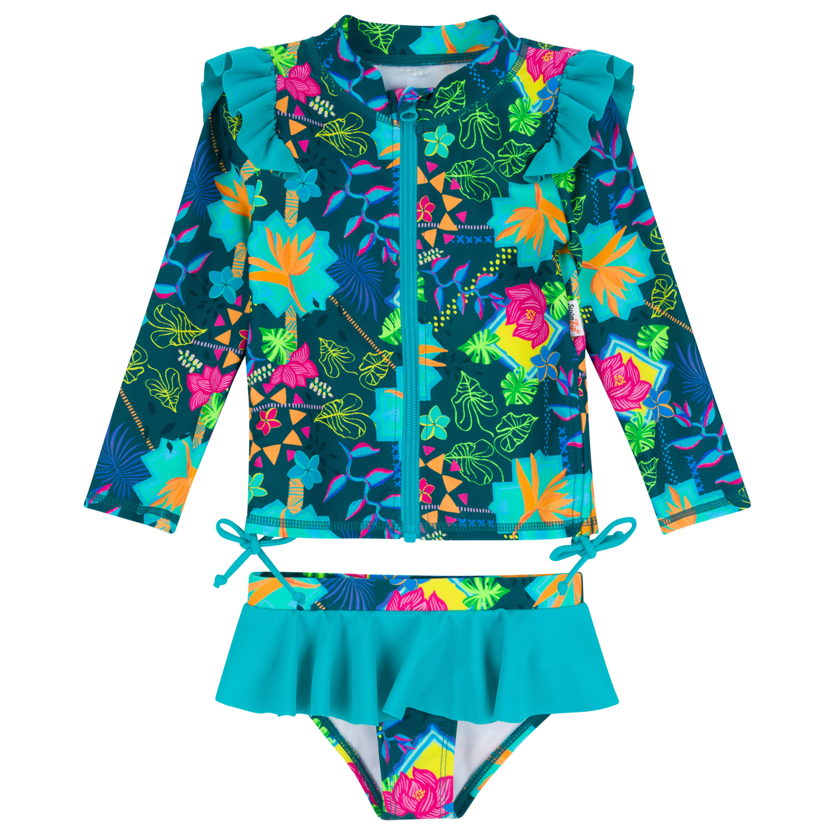 Girls Long Sleeve Rash Guard Ruffle Bottom Swimsuit Set (2 Piece) | 