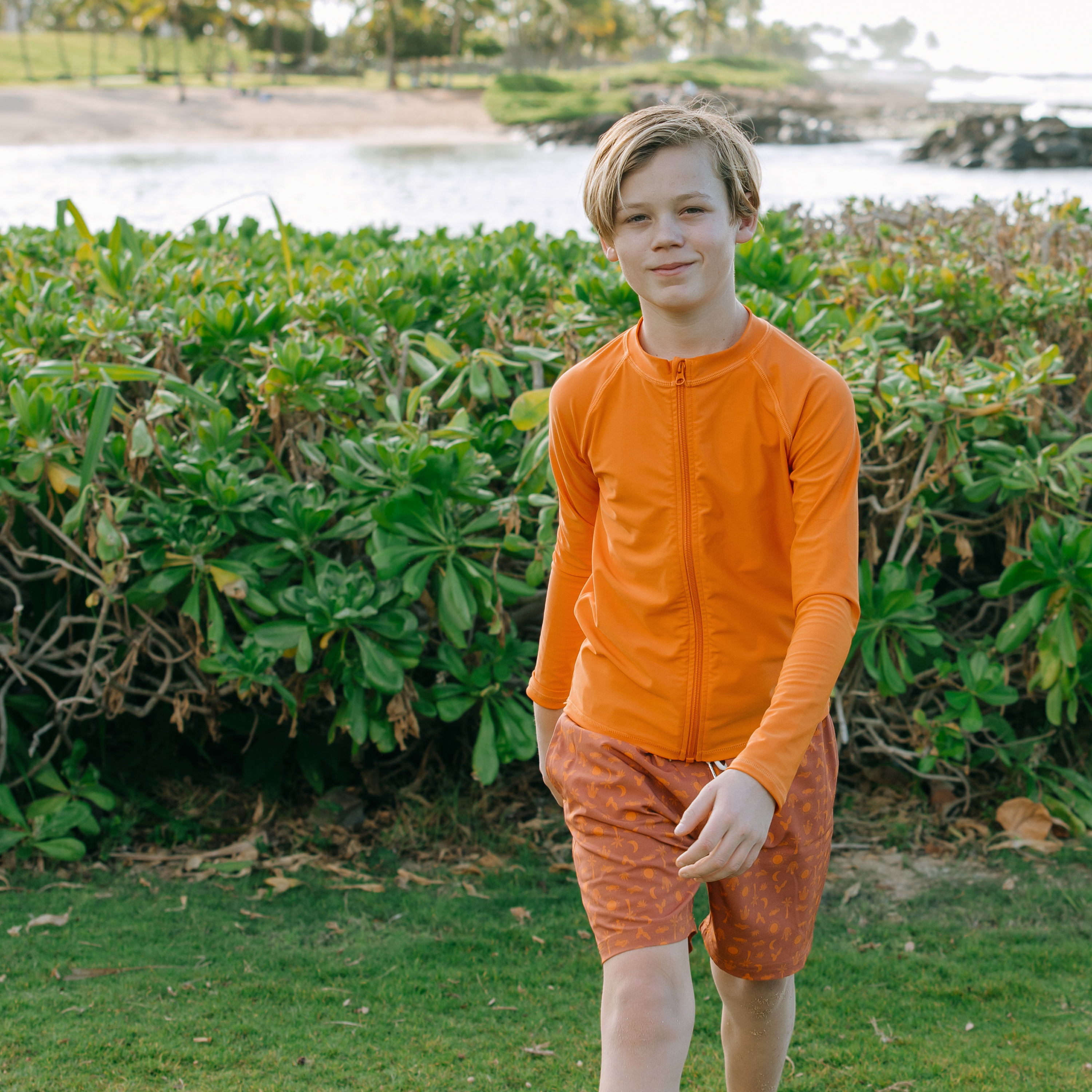 Kids UPF 50+ Long Sleeve Zipper Rash Guard Swim Shirt | "Desert Orange"-SwimZip UPF 50+ Sun Protective Swimwear & UV Zipper Rash Guards-pos5