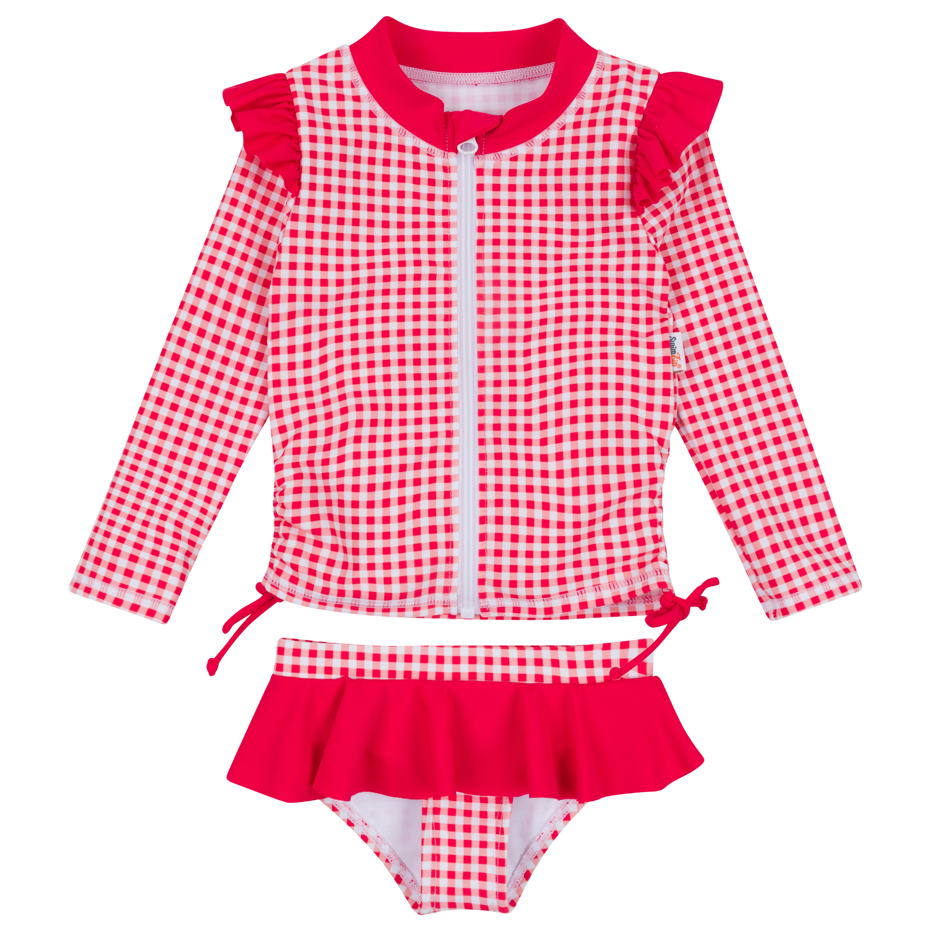 Girls Long Sleeve Rash Guard Ruffle Bottom Swimsuit Set (2 Piece) | "Red Gingham"-6-12 Month-Red Gingham-SwimZip UPF 50+ Sun Protective Swimwear & UV Zipper Rash Guards-pos1