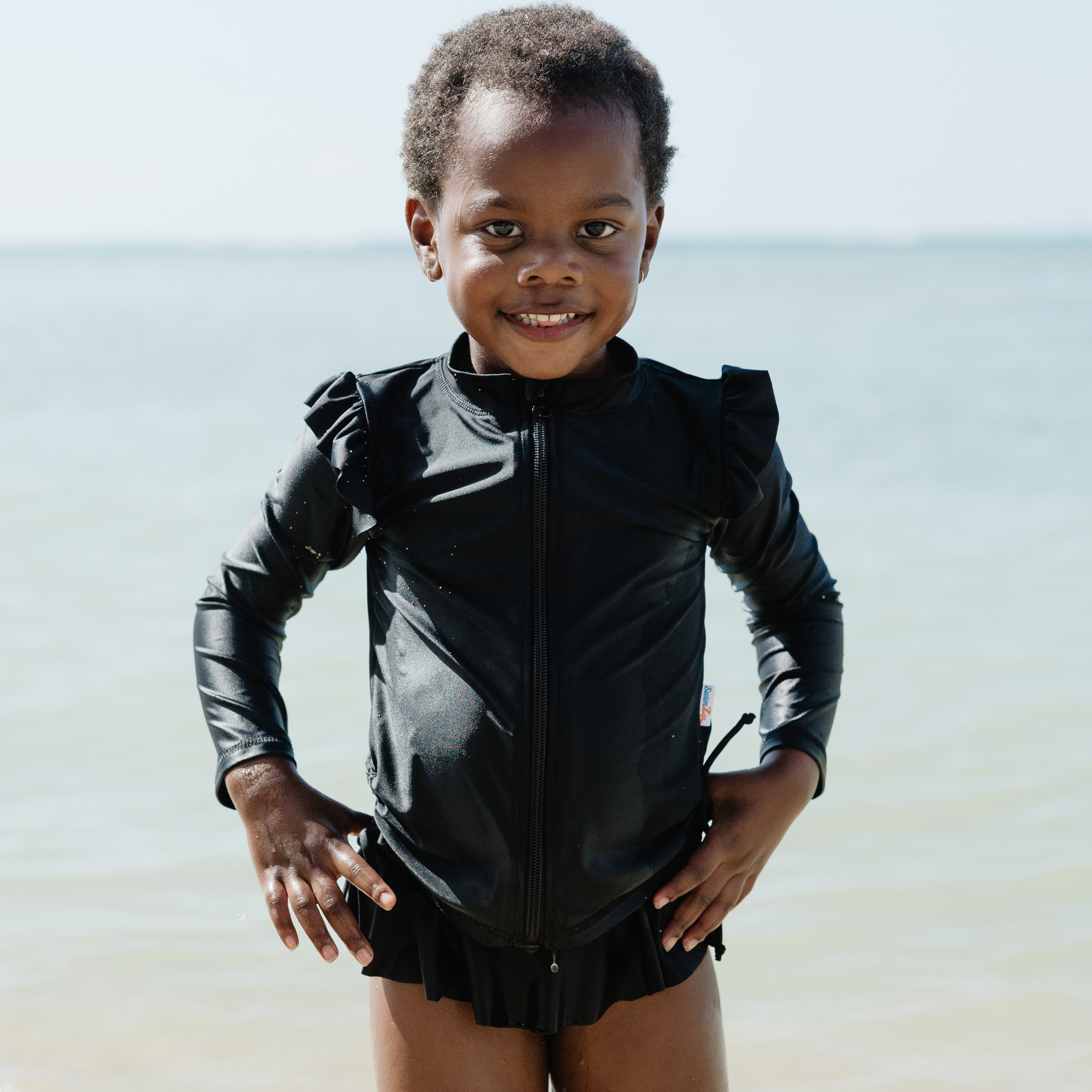Girls Long Sleeve Rash Guard Ruffle Bottom Swimsuit Set (2 Piece) | "Black"-SwimZip UPF 50+ Sun Protective Swimwear & UV Zipper Rash Guards-pos2