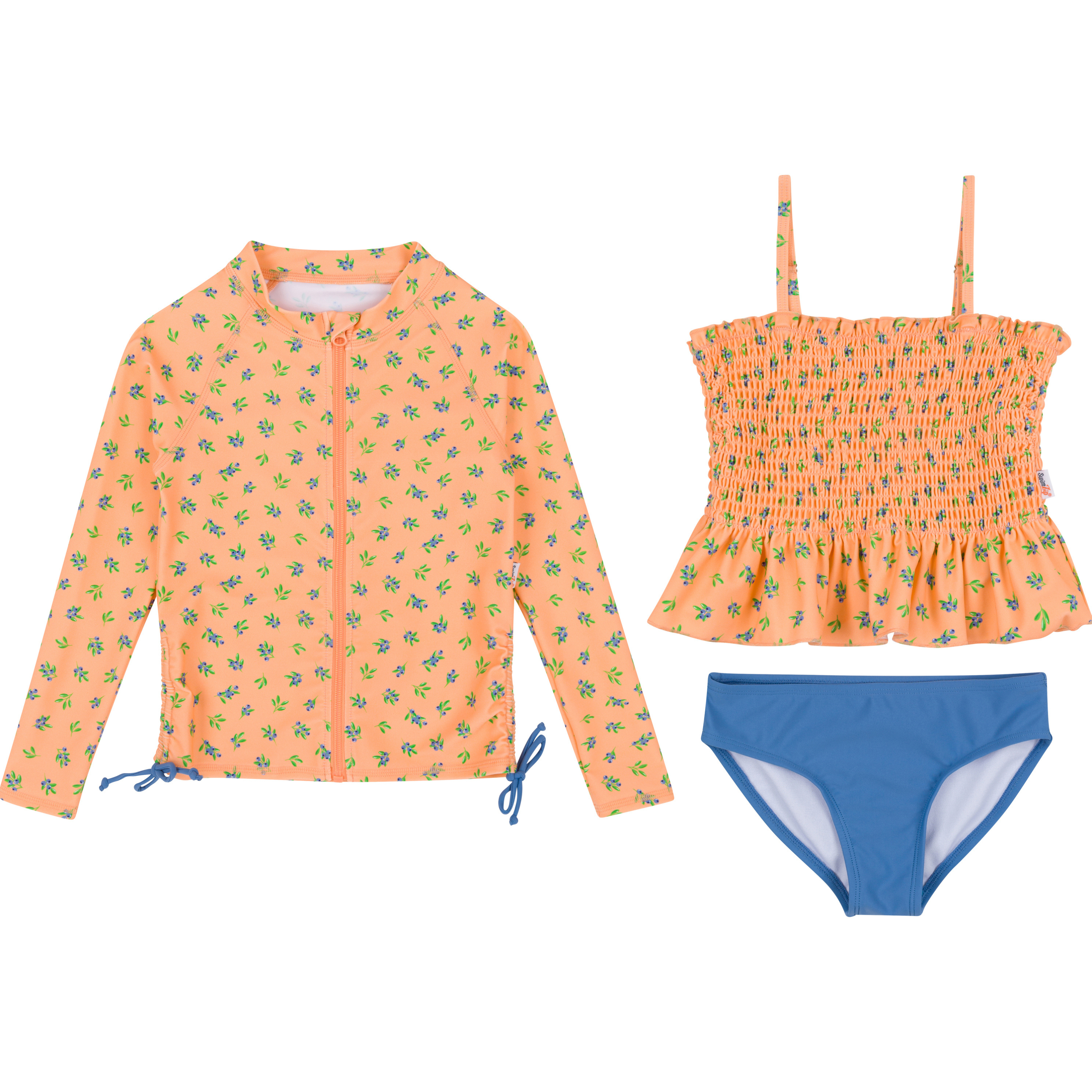 Girls Long Sleeve Rash Guard + Smocked Tankini Bikini Set (3 Piece) | "Berry Bliss"-6-8-Berry Bliss-SwimZip UPF 50+ Sun Protective Swimwear & UV Zipper Rash Guards-pos1