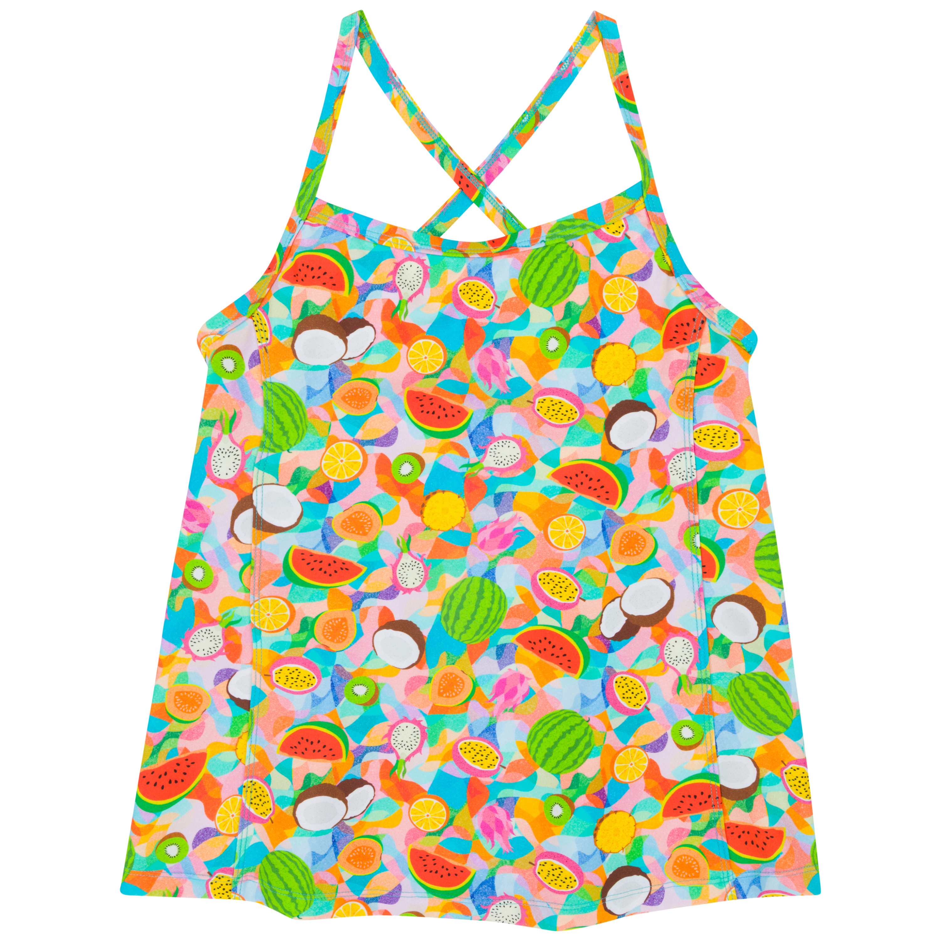 Women’s Strappy A-Line Tankini Top | “Fruit Salad"-XS-Fruit Salad-SwimZip UPF 50+ Sun Protective Swimwear & UV Zipper Rash Guards-pos1