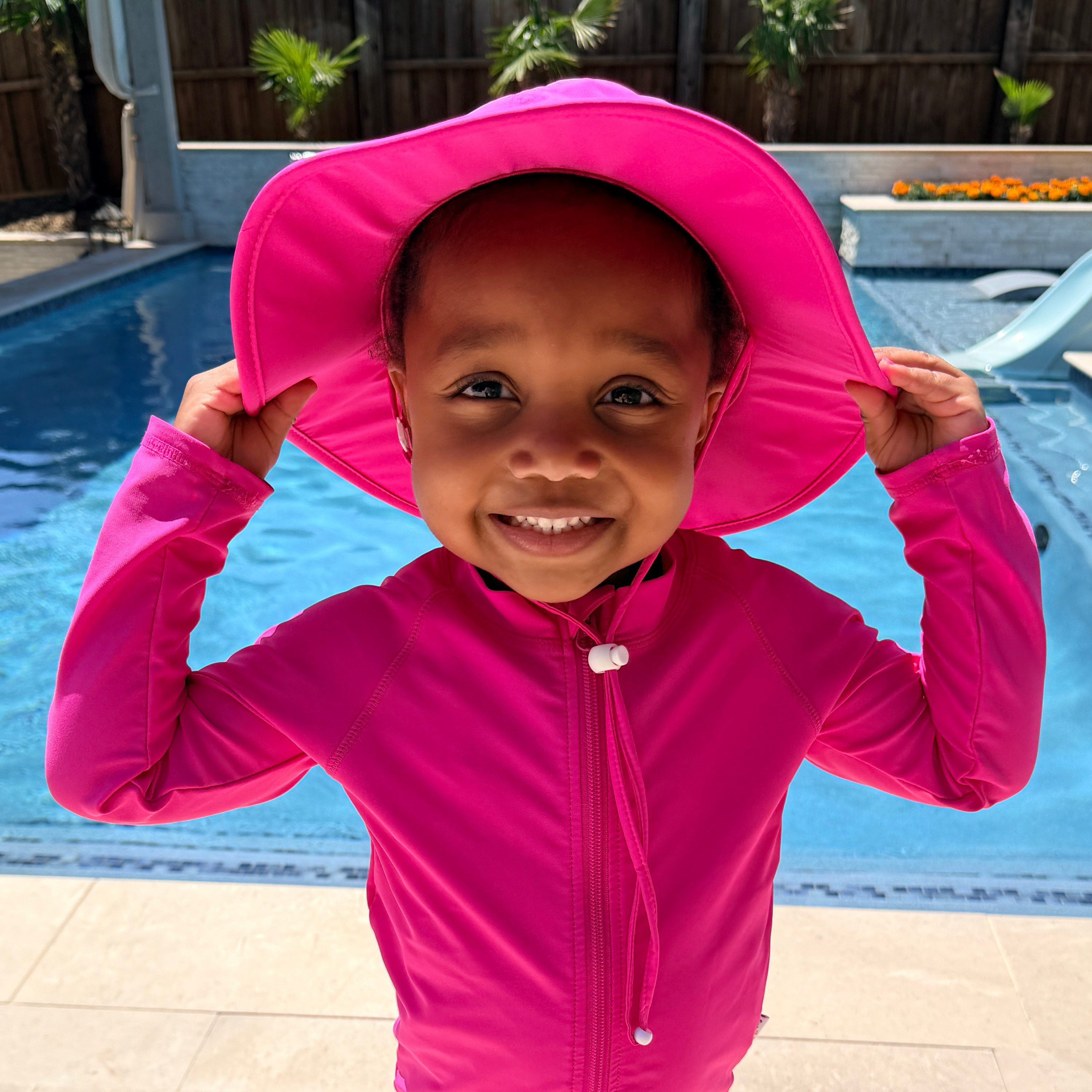 Kids Wide Brim Sun Hat "Fun Sun Day Play Hat" - Manic Magenta-SwimZip UPF 50+ Sun Protective Swimwear & UV Zipper Rash Guards-pos7