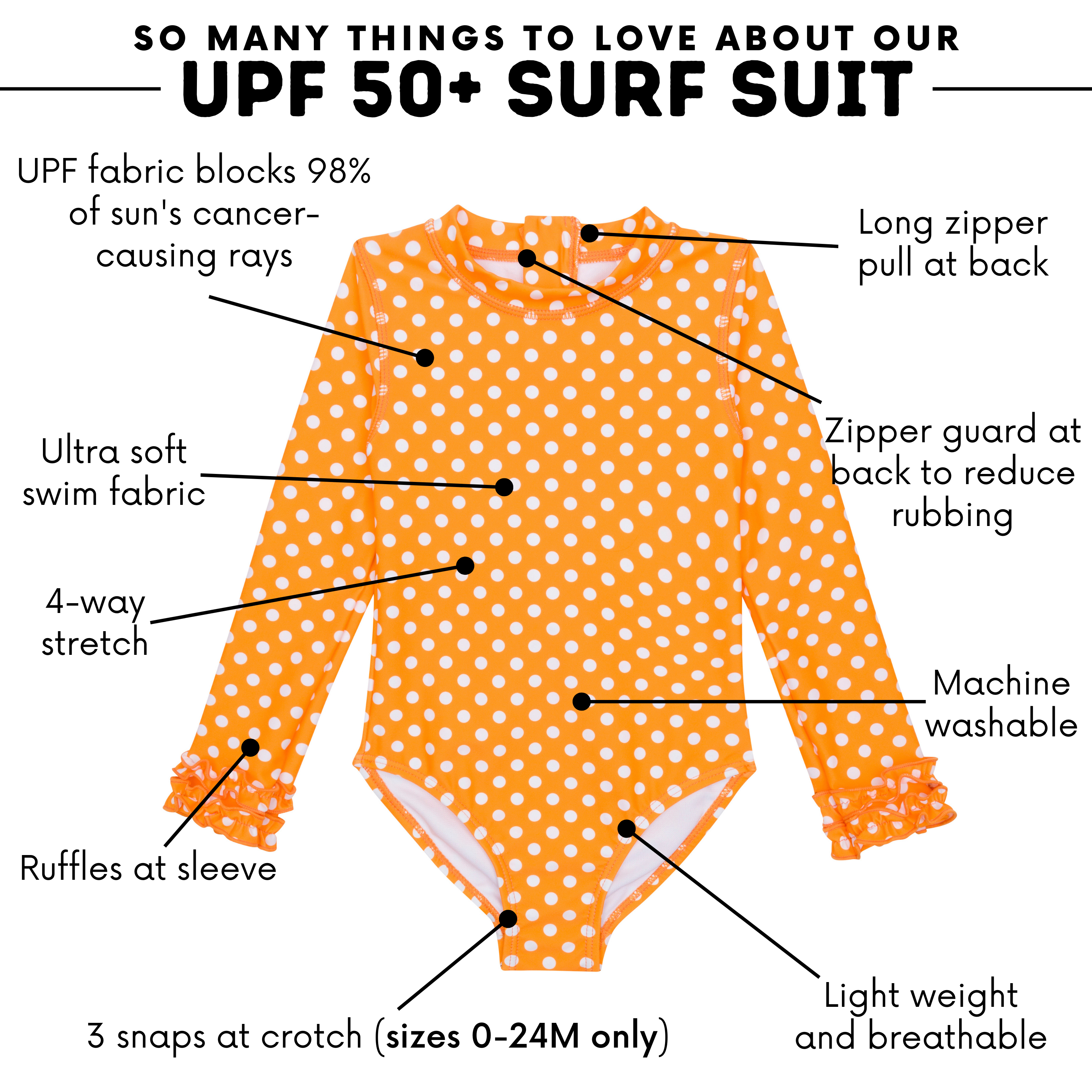 Girls Long Sleeve Surf Suit (One Piece Bodysuit) | "Orange Sassy Surfer"-SwimZip UPF 50+ Sun Protective Swimwear & UV Zipper Rash Guards-pos4
