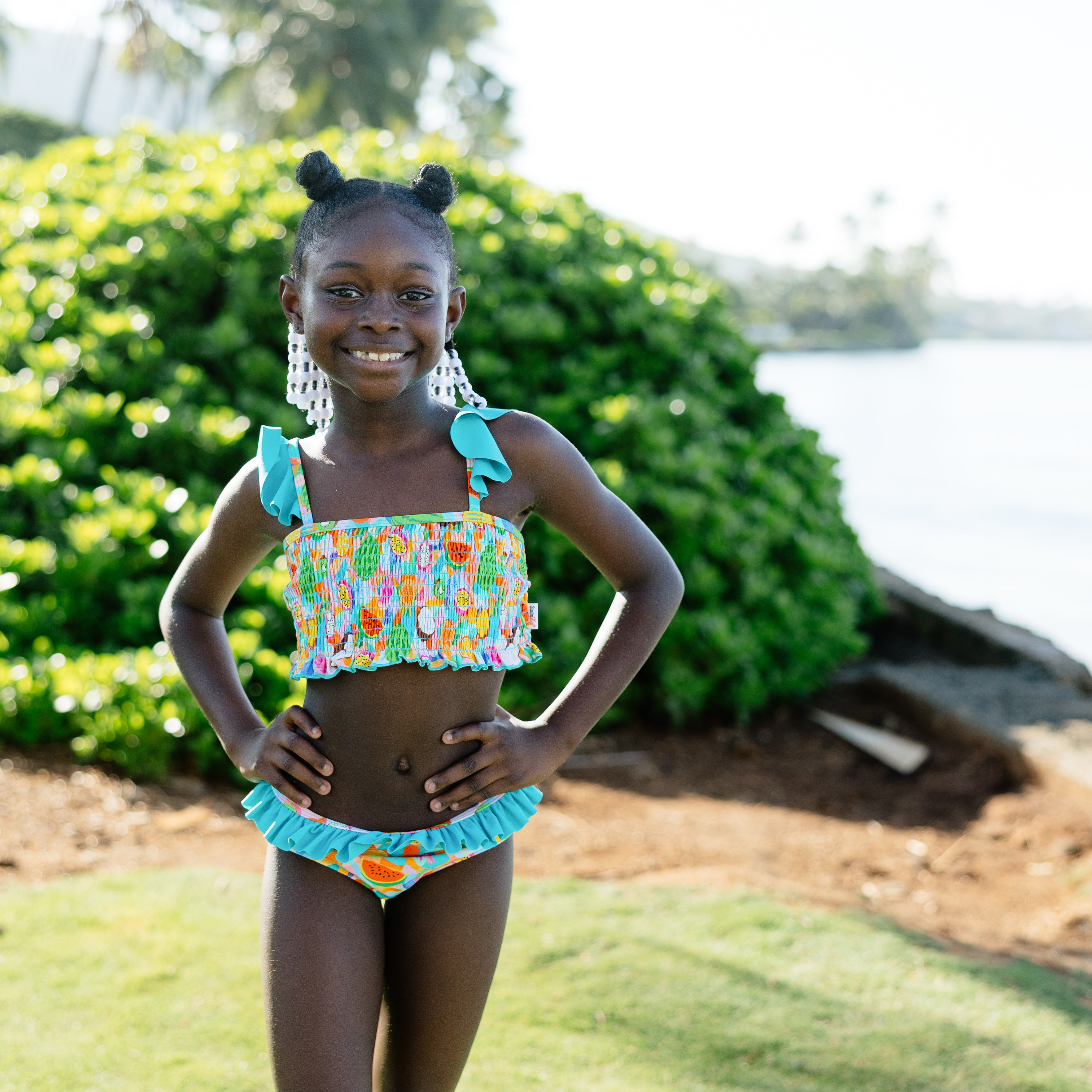 Girls Smocked Bikini (2 Piece) - "Fruit Salad"-SwimZip UPF 50+ Sun Protective Swimwear & UV Zipper Rash Guards-pos2