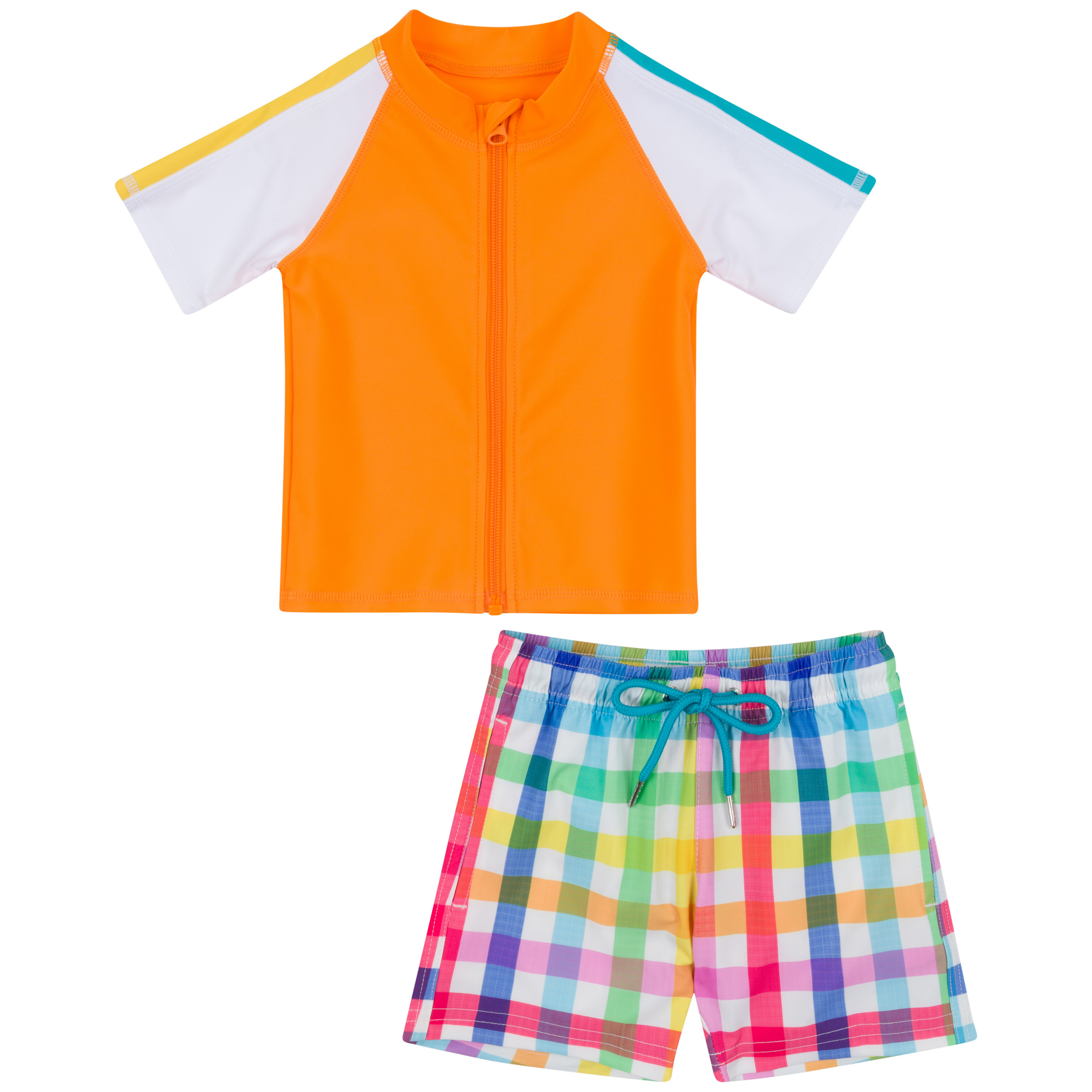 Boys Short Sleeve Zipper Rash Guard and Swim Trunk Set | "Picnic Party"-6-12 Month-Picnic Party-SwimZip UPF 50+ Sun Protective Swimwear & UV Zipper Rash Guards-pos1