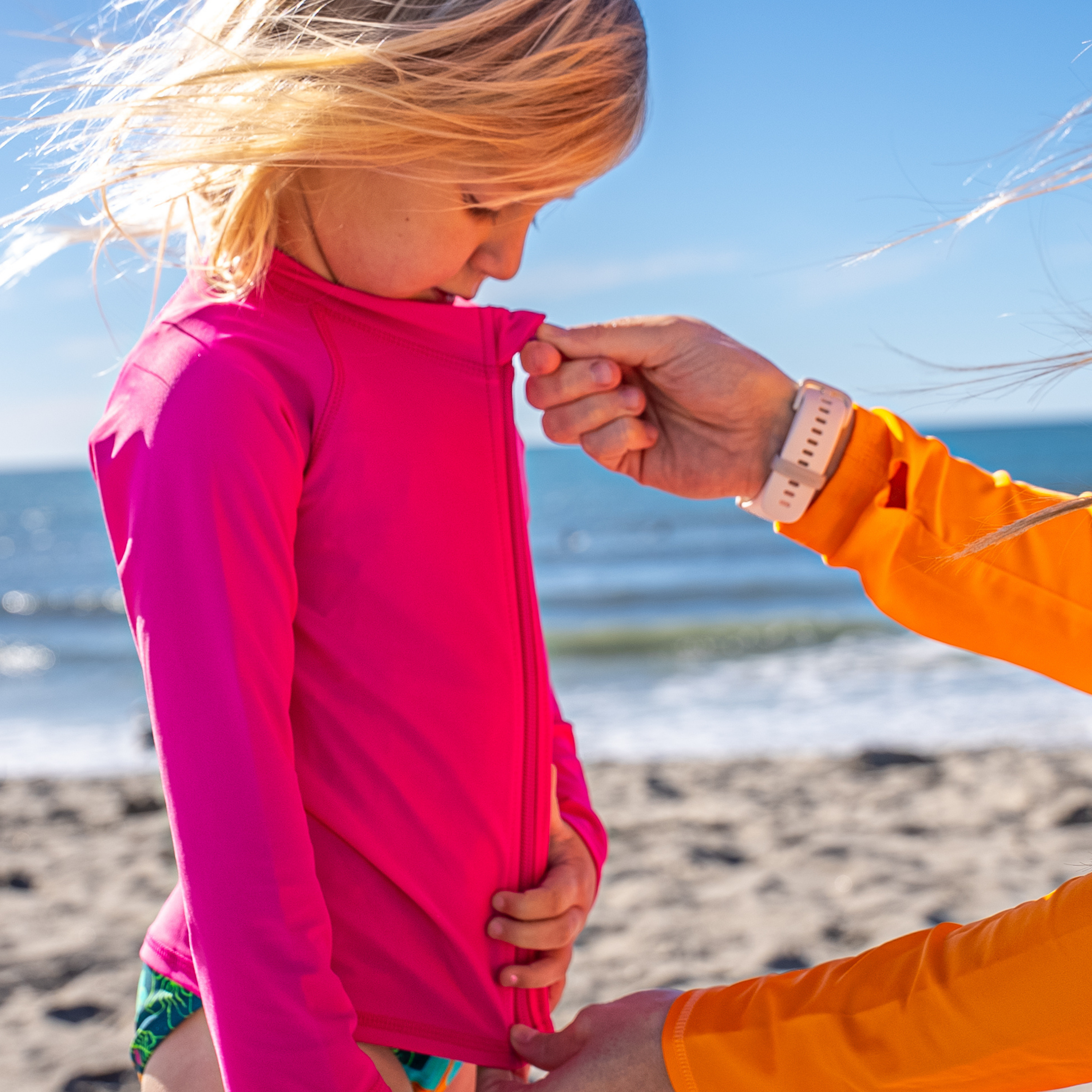 Kids UPF 50+ Long Sleeve Zipper Rash Guard Swim Shirt | "Manic Magenta"-SwimZip UPF 50+ Sun Protective Swimwear & UV Zipper Rash Guards-pos2