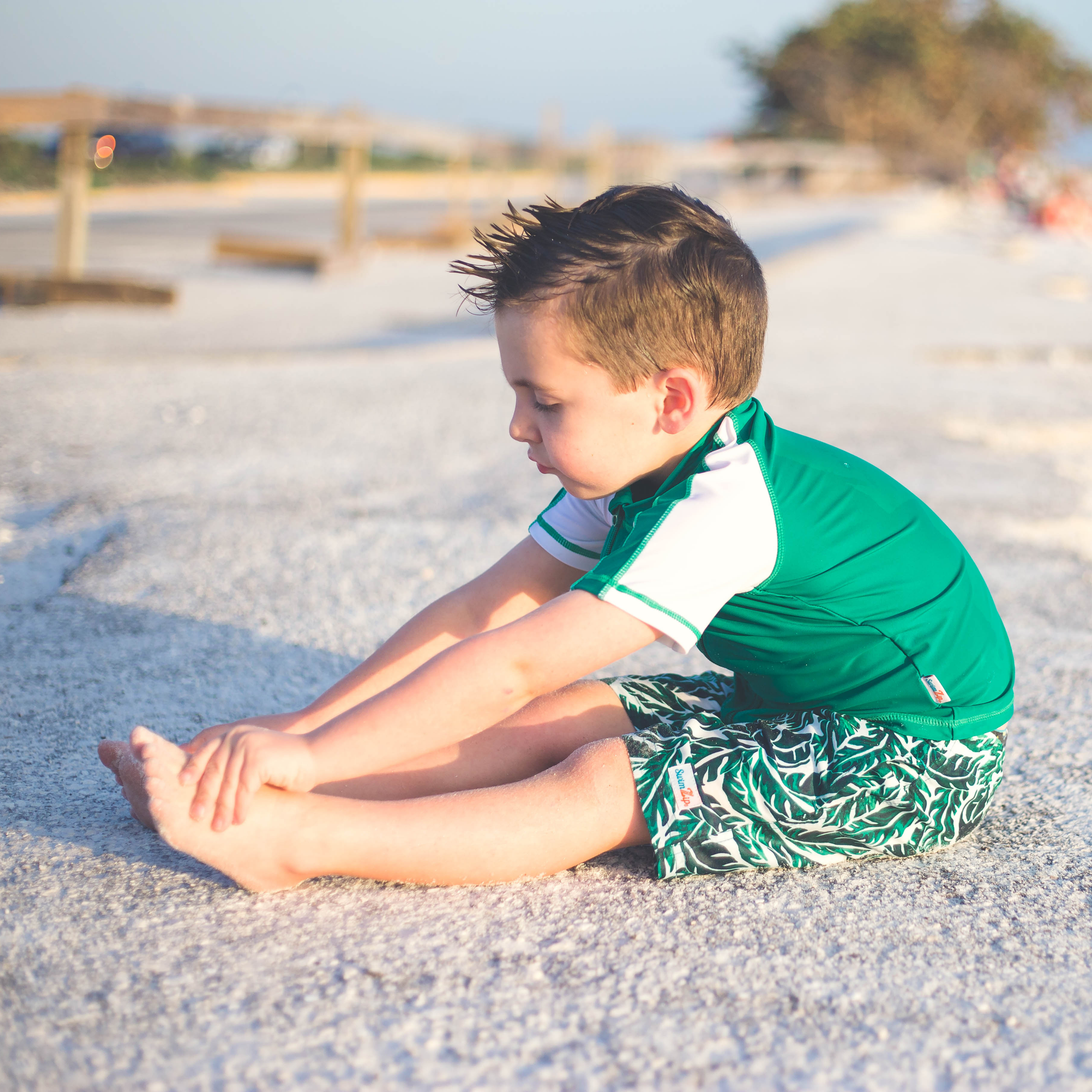 Boys Short Sleeve Zipper Rash Guard and Swim Trunk Set | "Palm Leaf"-SwimZip UPF 50+ Sun Protective Swimwear & UV Zipper Rash Guards-pos2