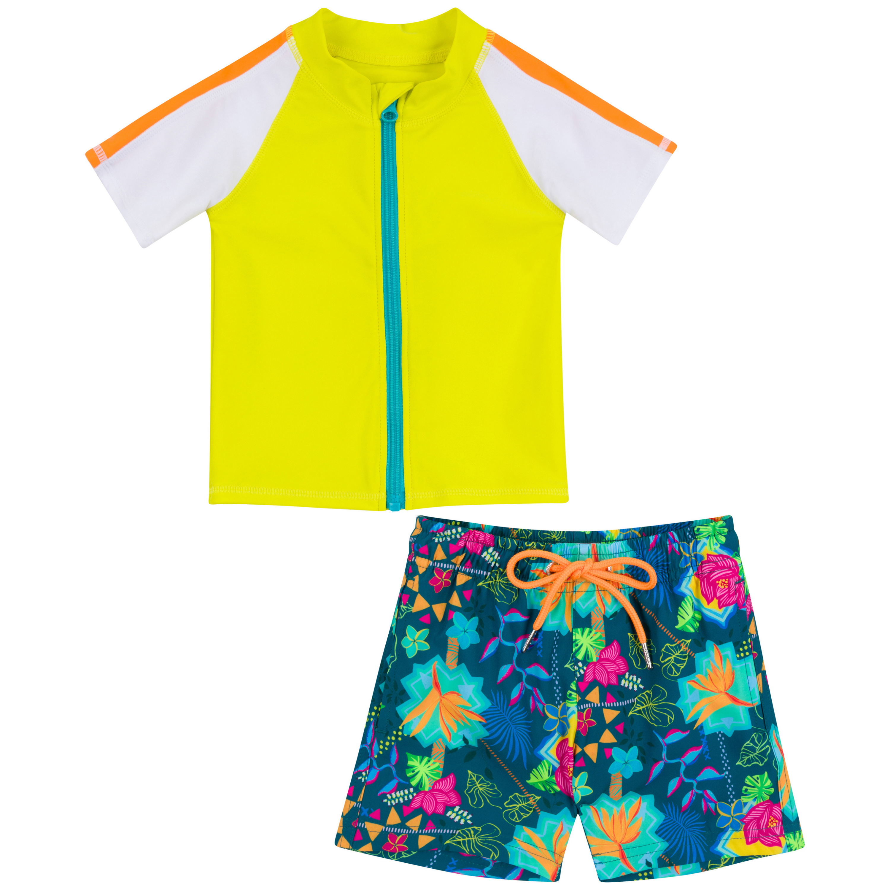 Boys Short Sleeve Zipper Rash Guard and Swim Trunk Set | "Summer Max"-6-12 Month-Summer Max-SwimZip UPF 50+ Sun Protective Swimwear & UV Zipper Rash Guards-pos1