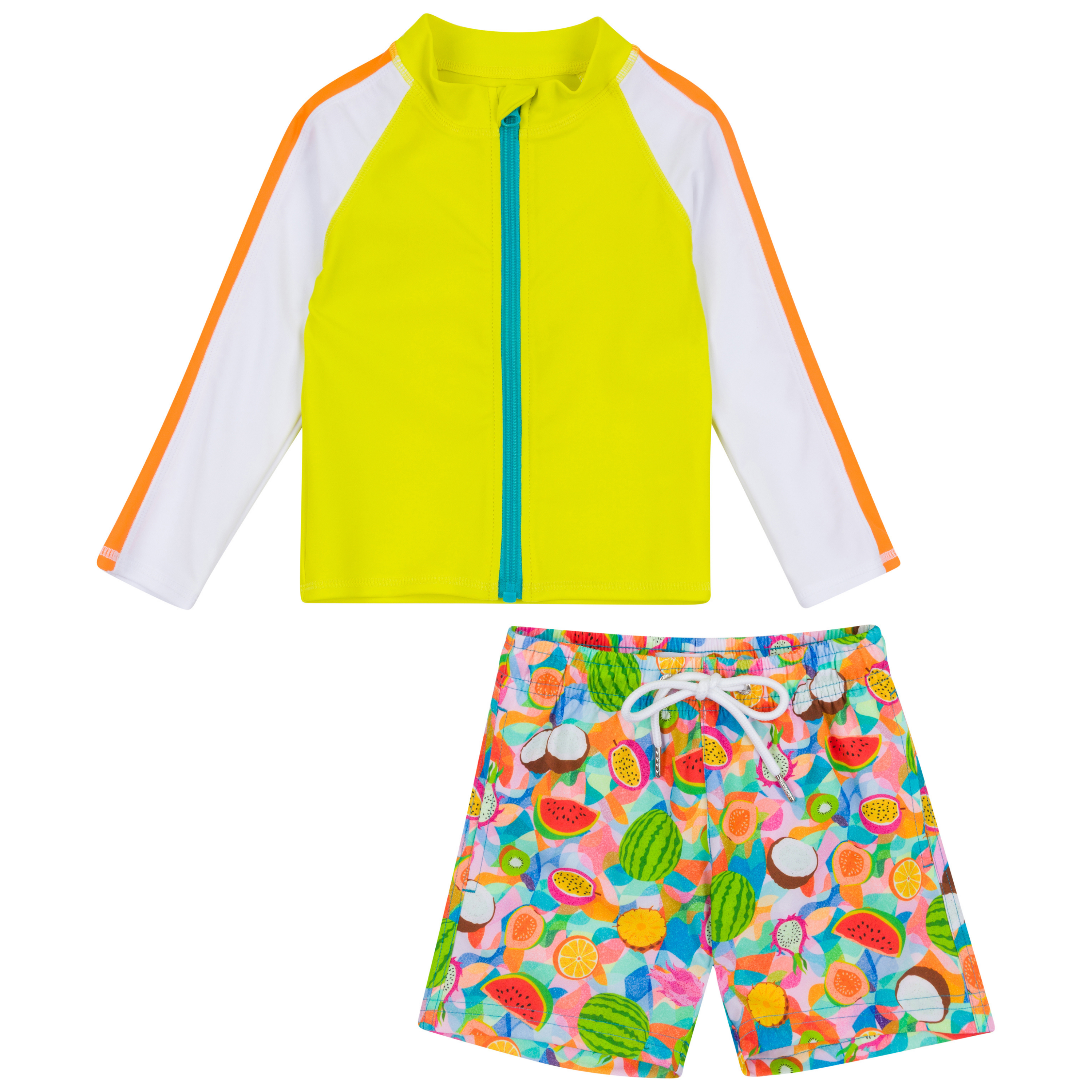 Boys Long Sleeve Zipper Rash Guard and Swim Trunk Set | "Fruit Salad"-0-3 Month-Fruit Salad-SwimZip UPF 50+ Sun Protective Swimwear & UV Zipper Rash Guards-pos1