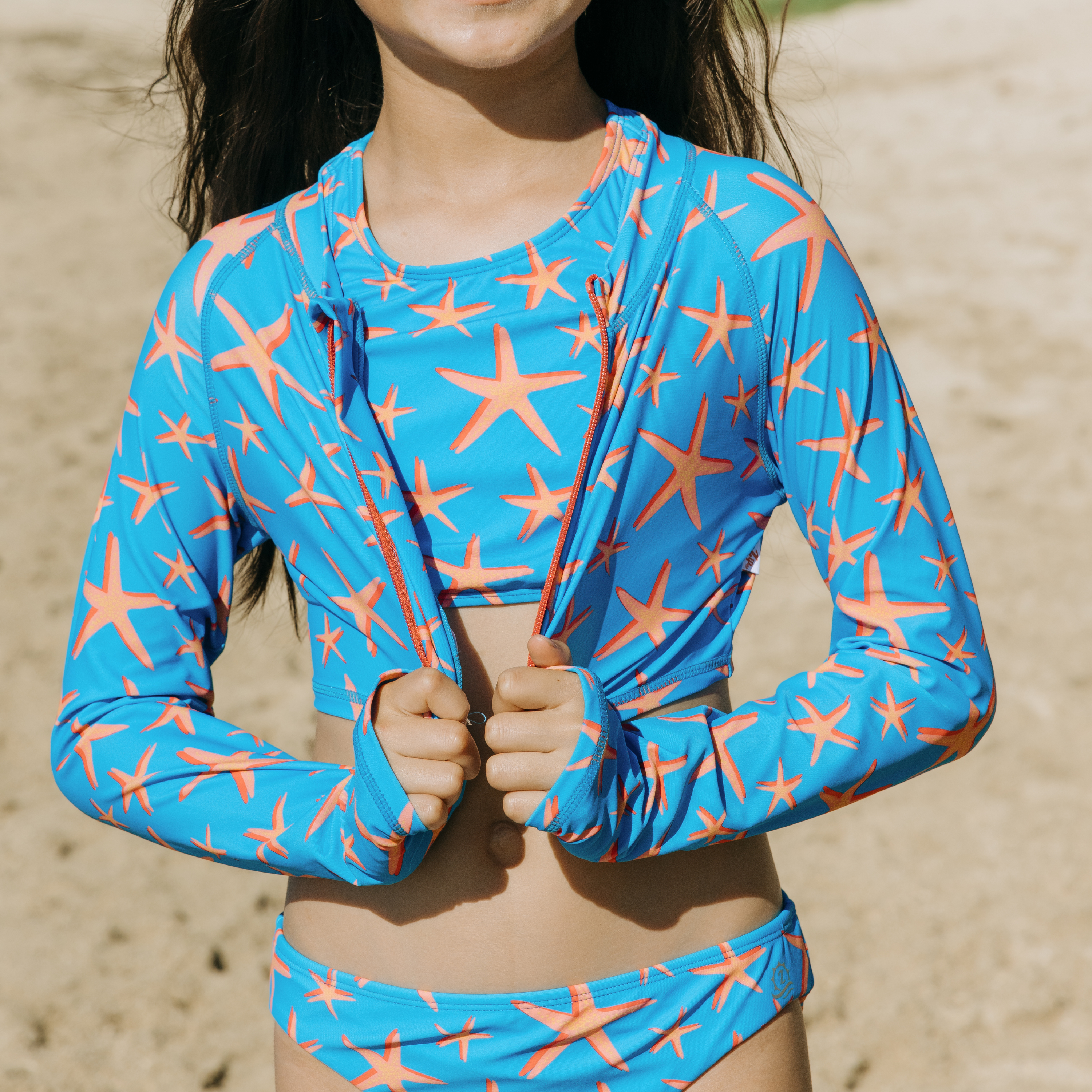 Girls Long Sleeve Crop Rash Guard | "Starfish"-SwimZip UPF 50+ Sun Protective Swimwear & UV Zipper Rash Guards-pos6