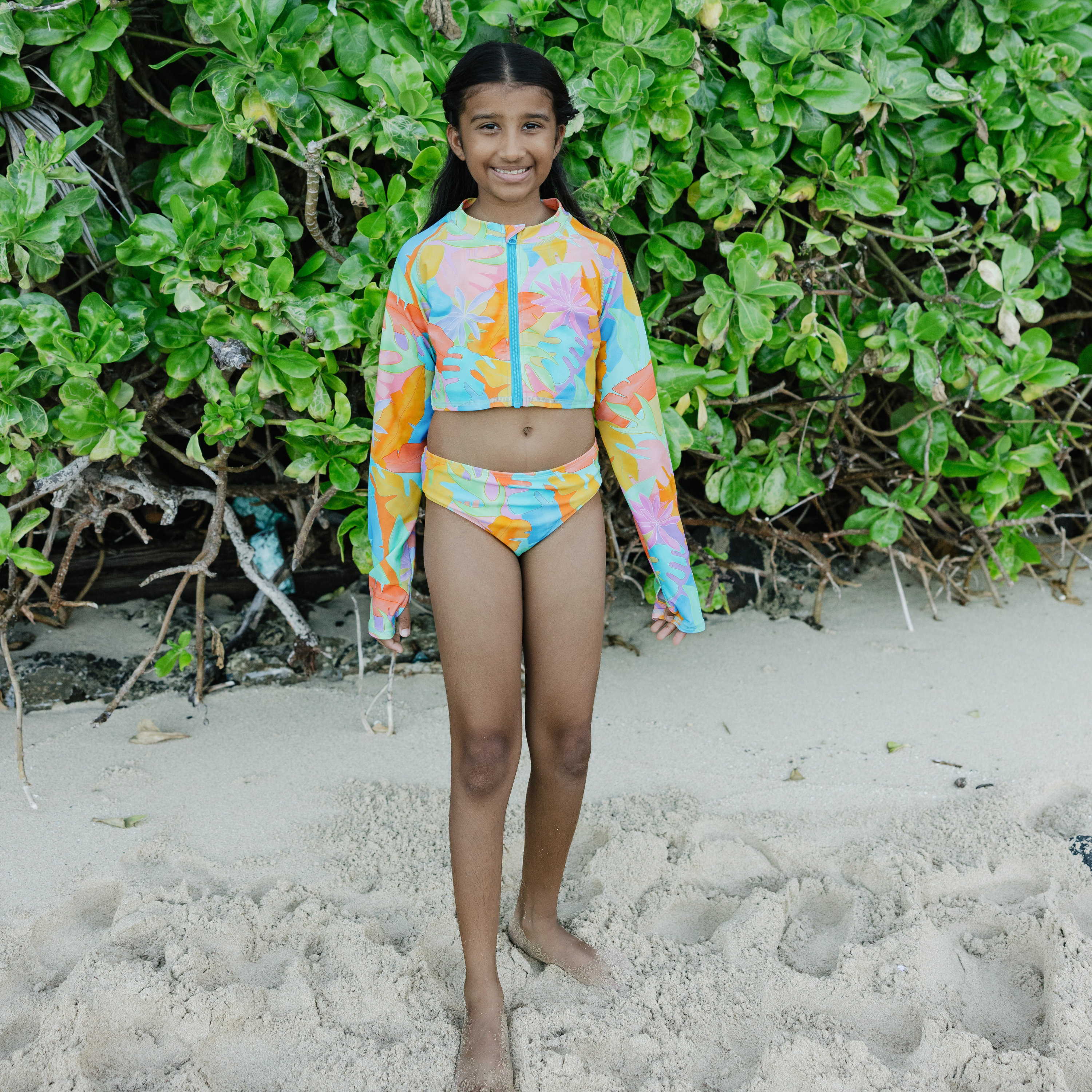 Girls Long Sleeve Crop Rash Guard | "Vibrant Vacay"-SwimZip UPF 50+ Sun Protective Swimwear & UV Zipper Rash Guards-pos6