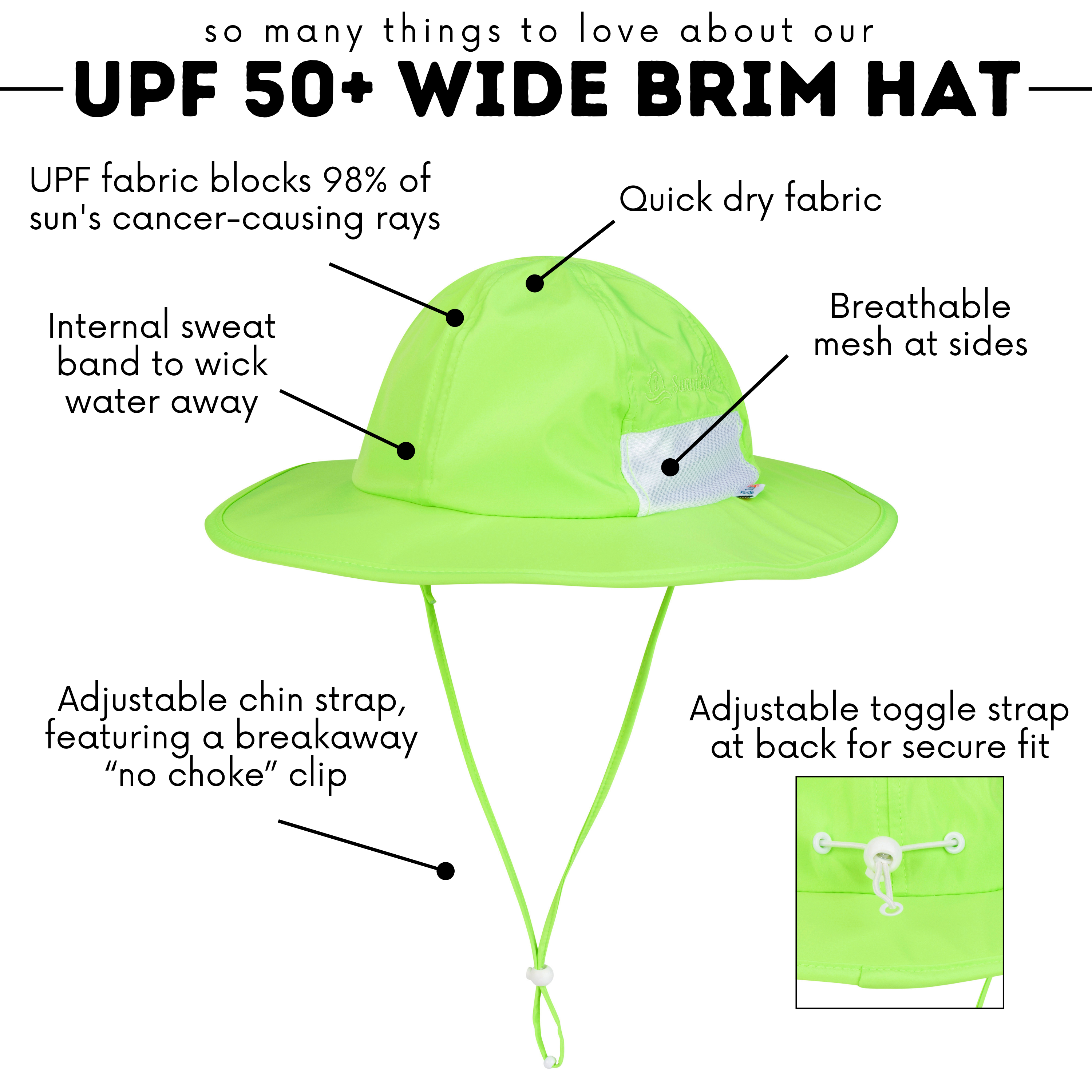 Kids Wide Brim Sun Hat "Fun Sun Day Play Hat" - Electric Green-SwimZip UPF 50+ Sun Protective Swimwear & UV Zipper Rash Guards-pos4