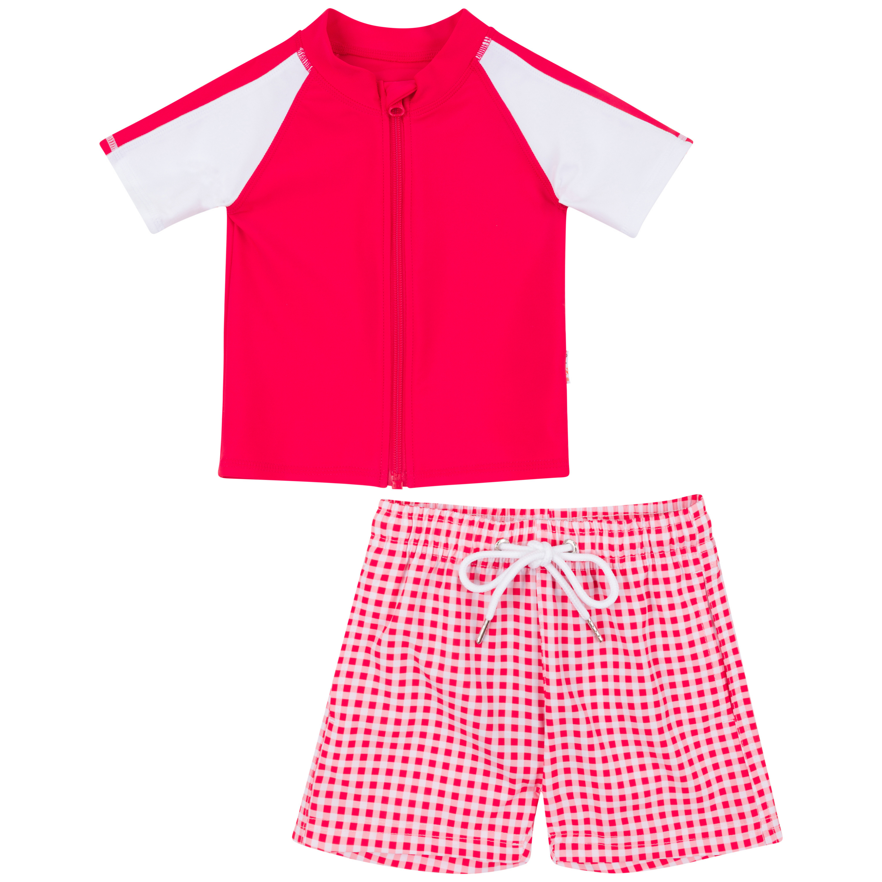Boys Short Sleeve Zipper Rash Guard and Swim Trunk Set | "Red Gingham"-6-12 Month-Red Gingham-SwimZip UPF 50+ Sun Protective Swimwear & UV Zipper Rash Guards-pos1
