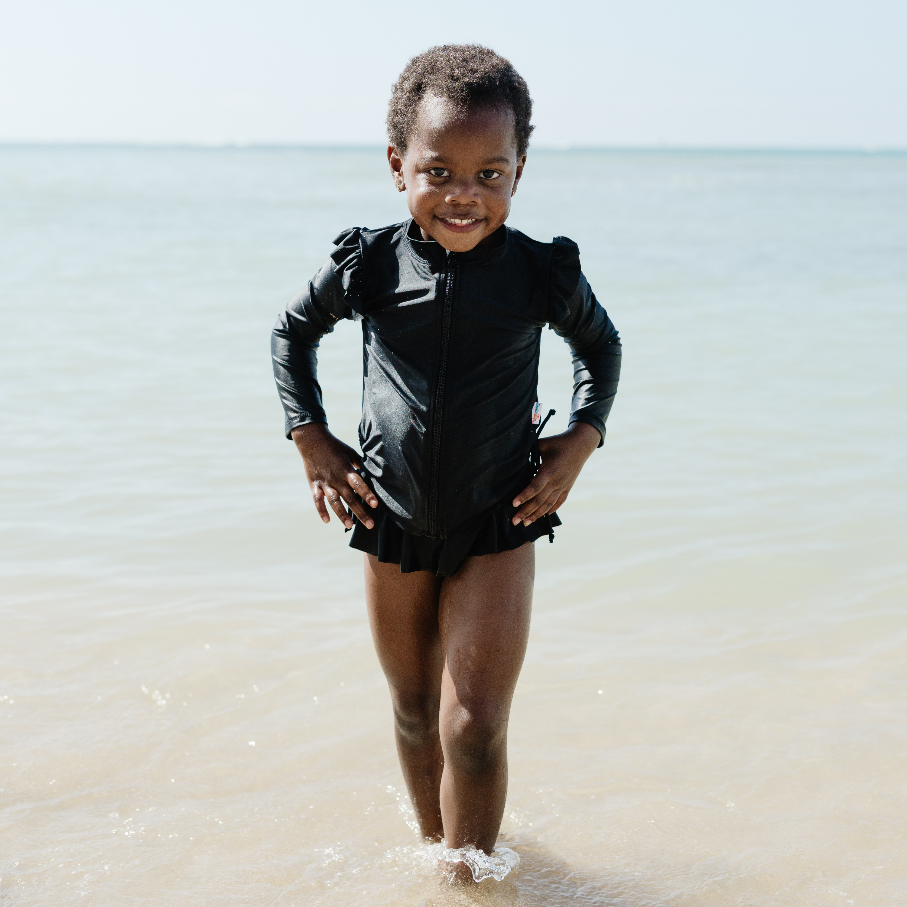 Girls Long Sleeve Rash Guard Ruffle Bottom Swimsuit Set (2 Piece) | "Black"-SwimZip UPF 50+ Sun Protective Swimwear & UV Zipper Rash Guards-pos5