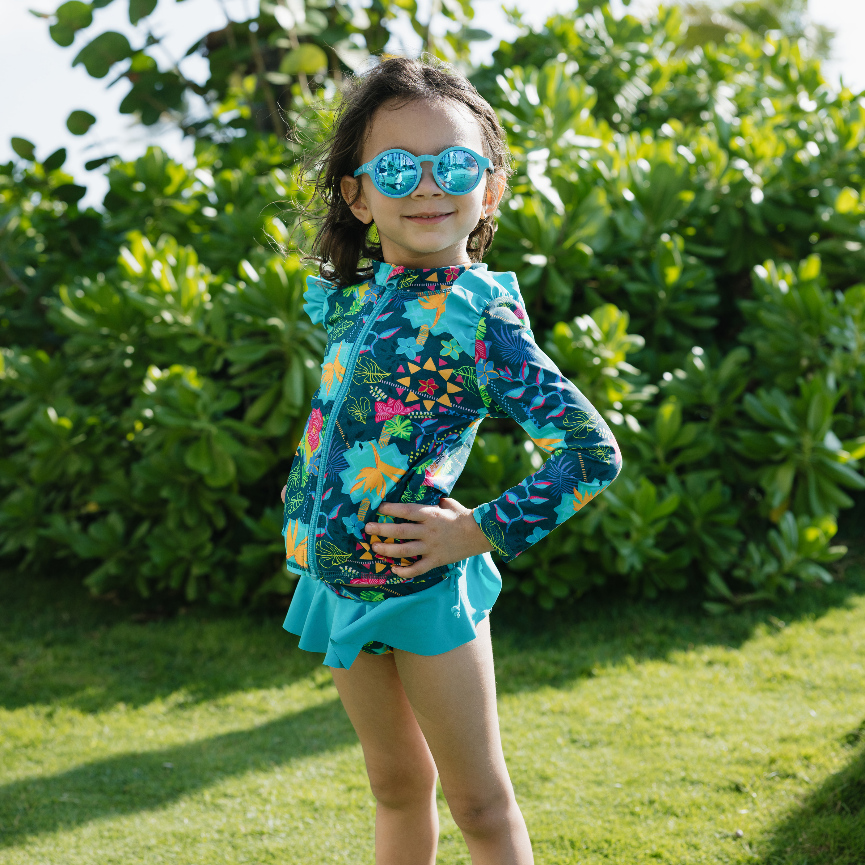 Girls Long Sleeve Rash Guard Ruffle Bottom Swimsuit Set (2 Piece) | "Summer Max"-SwimZip UPF 50+ Sun Protective Swimwear & UV Zipper Rash Guards-pos10