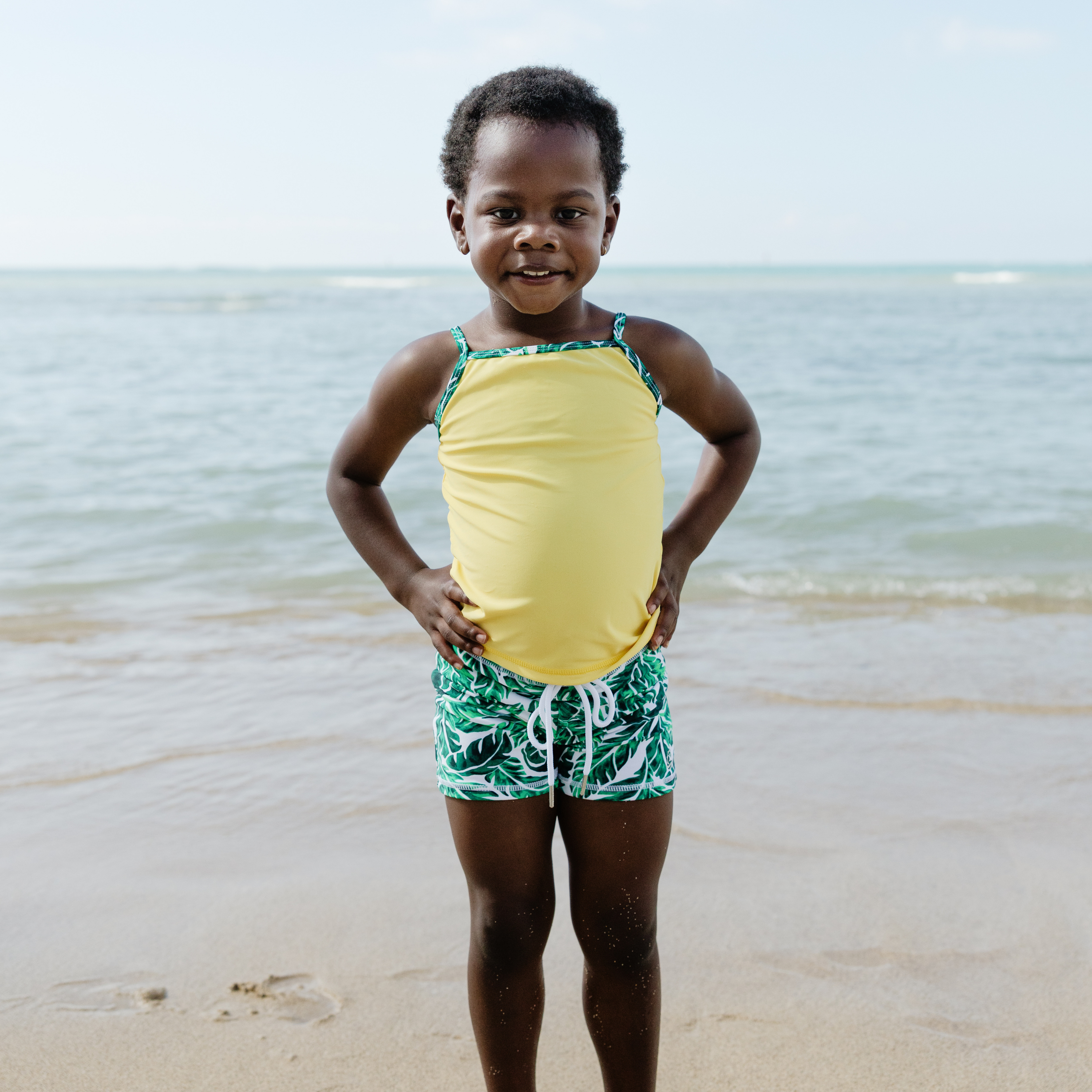 Girls Long Sleeve Rash Guard + Tankini Shorts Set (3 Piece) | "Palm Leaf"-SwimZip UPF 50+ Sun Protective Swimwear & UV Zipper Rash Guards-pos12