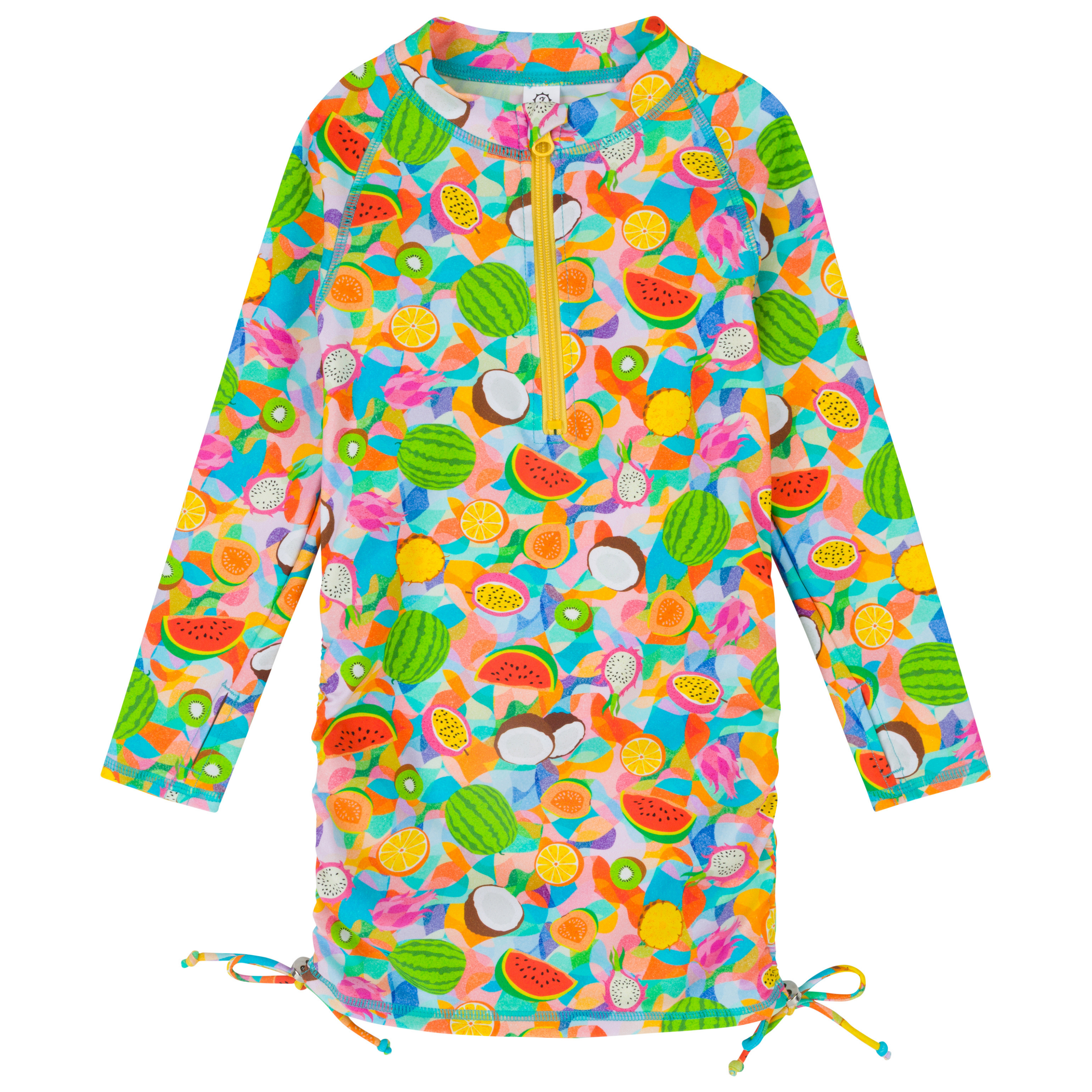 Girls Long Sleeve Swim Dress Cover Up | "Fruit Salad"-2T-Fruit Salad-SwimZip UPF 50+ Sun Protective Swimwear & UV Zipper Rash Guards-pos1