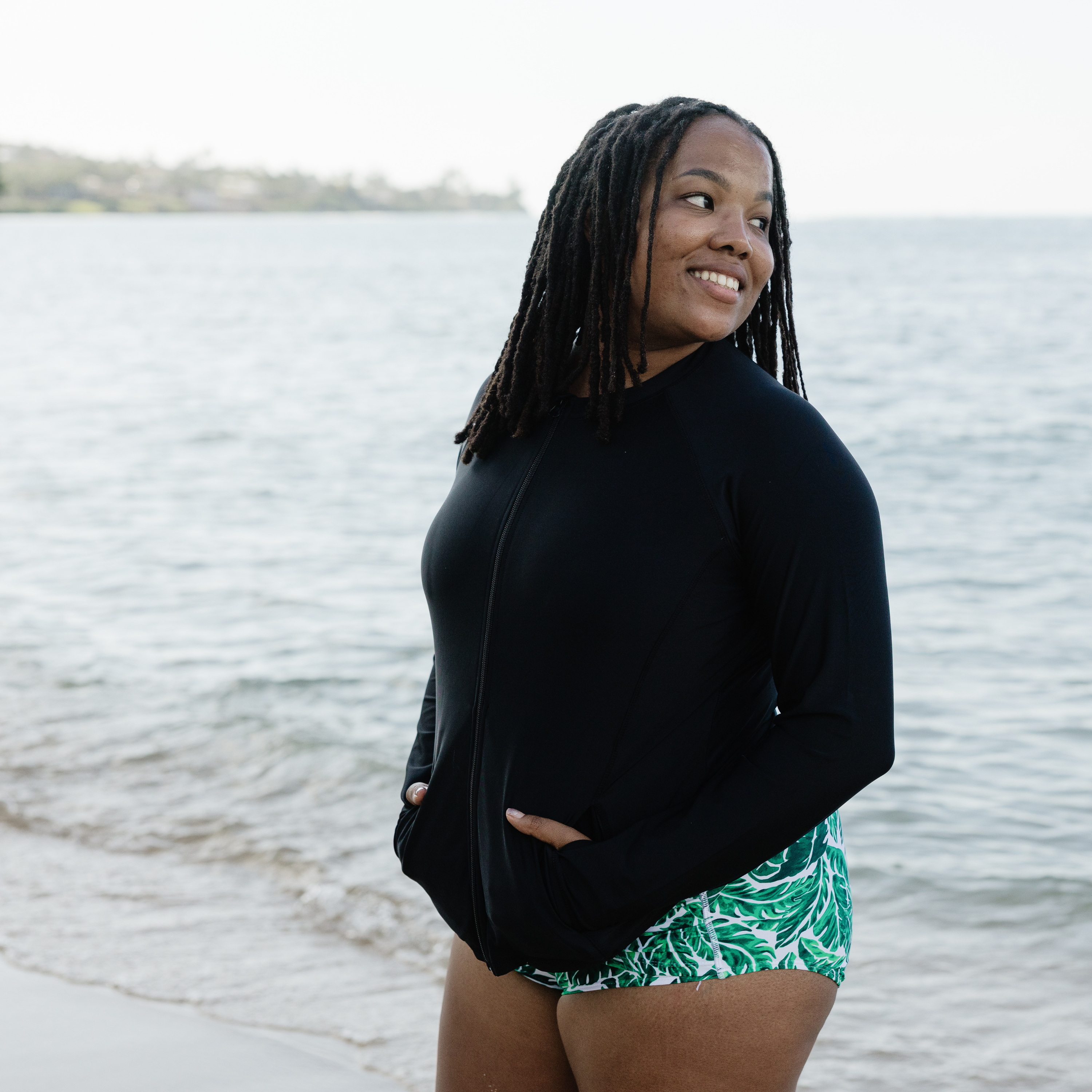 Women's Long Sleeve Rash Guard with Pockets | "Black"-SwimZip UPF 50+ Sun Protective Swimwear & UV Zipper Rash Guards-pos7