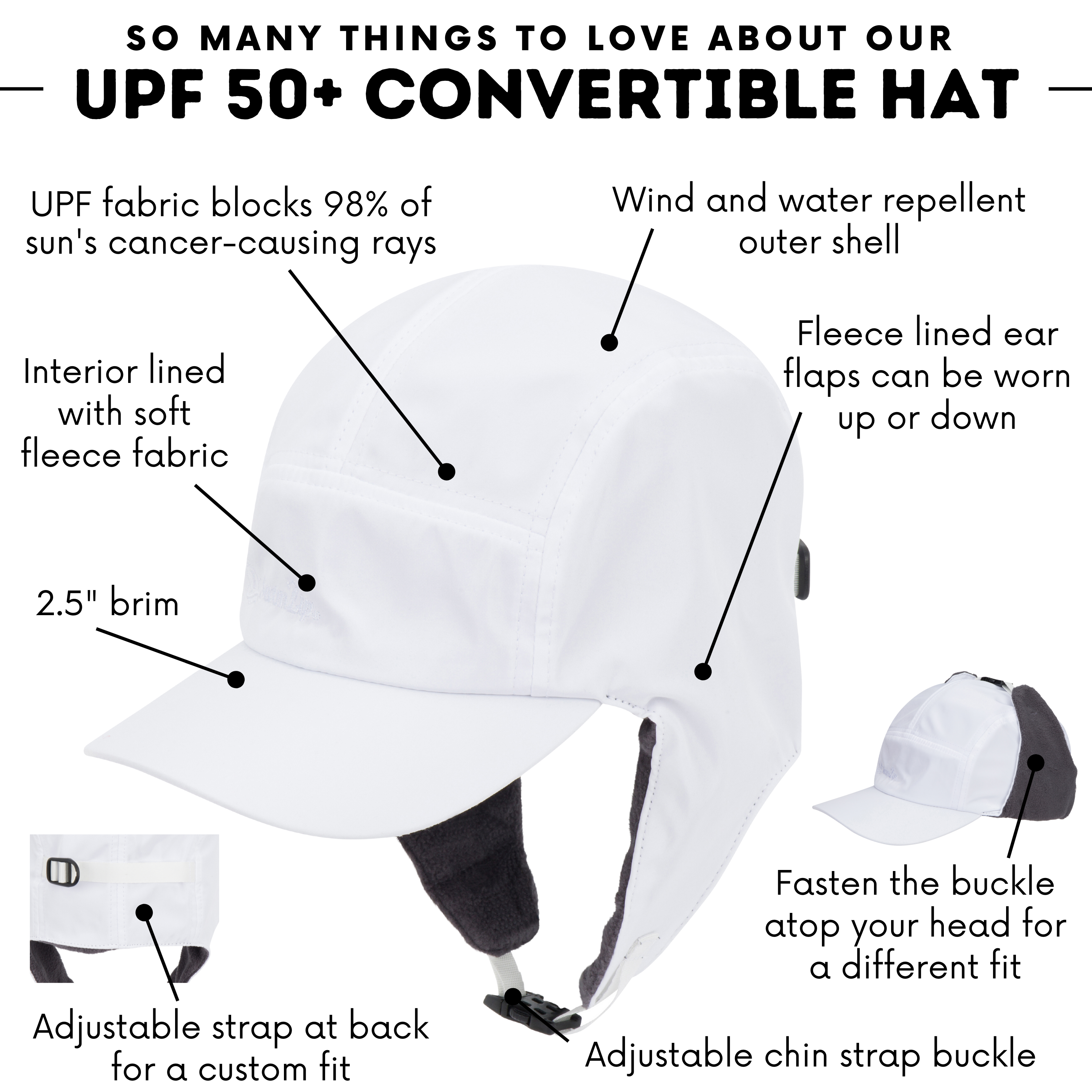 Adult Arctic Chill Winter Convertible Sun Hat | White-Adult-White-SwimZip UPF 50+ Sun Protective Swimwear & UV Zipper Rash Guards-pos2
