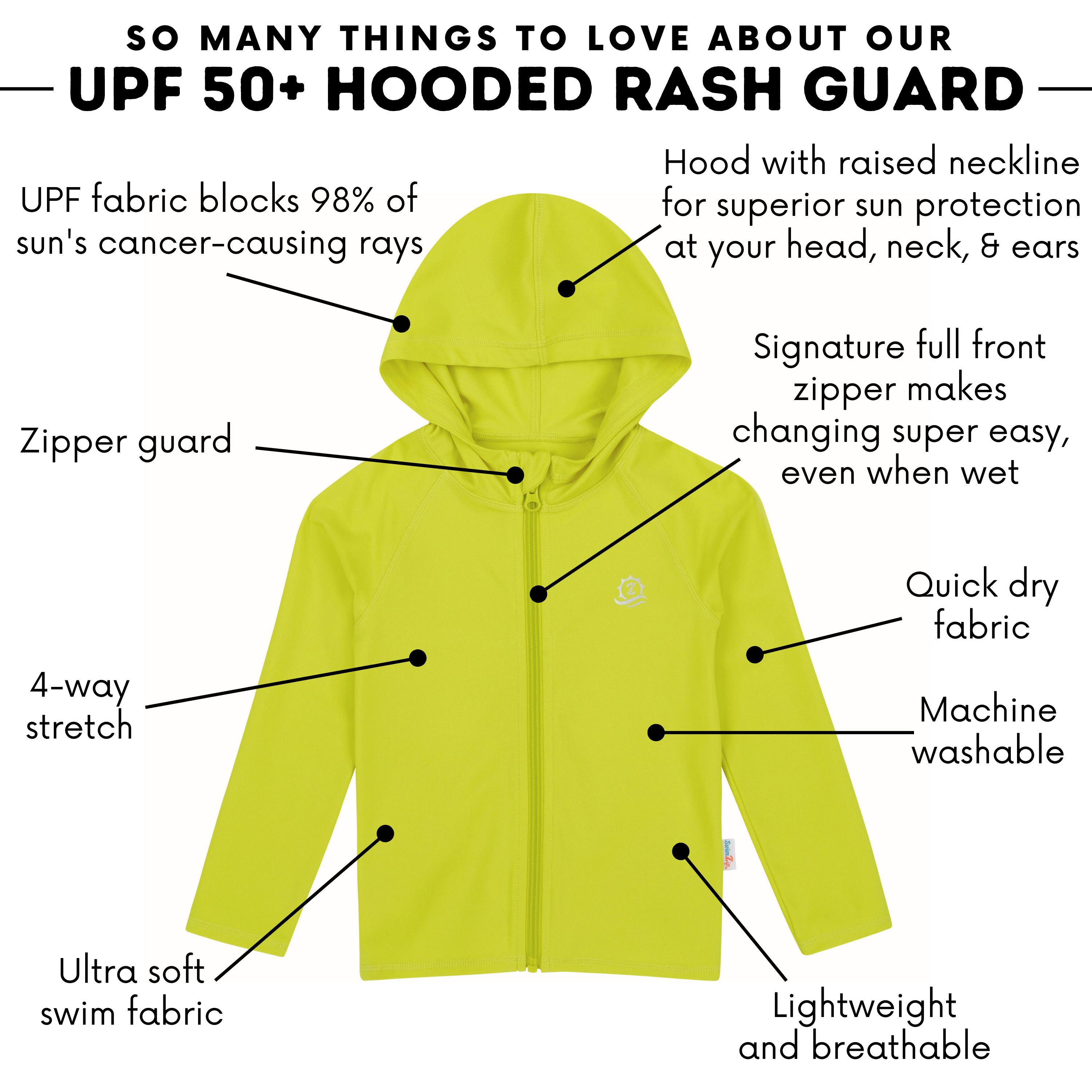 Kids Hooded Long Sleeve Zipper Rash Guard Swim Shirt | "Sulphur Yellow"-SwimZip UPF 50+ Sun Protective Swimwear & UV Zipper Rash Guards-pos4