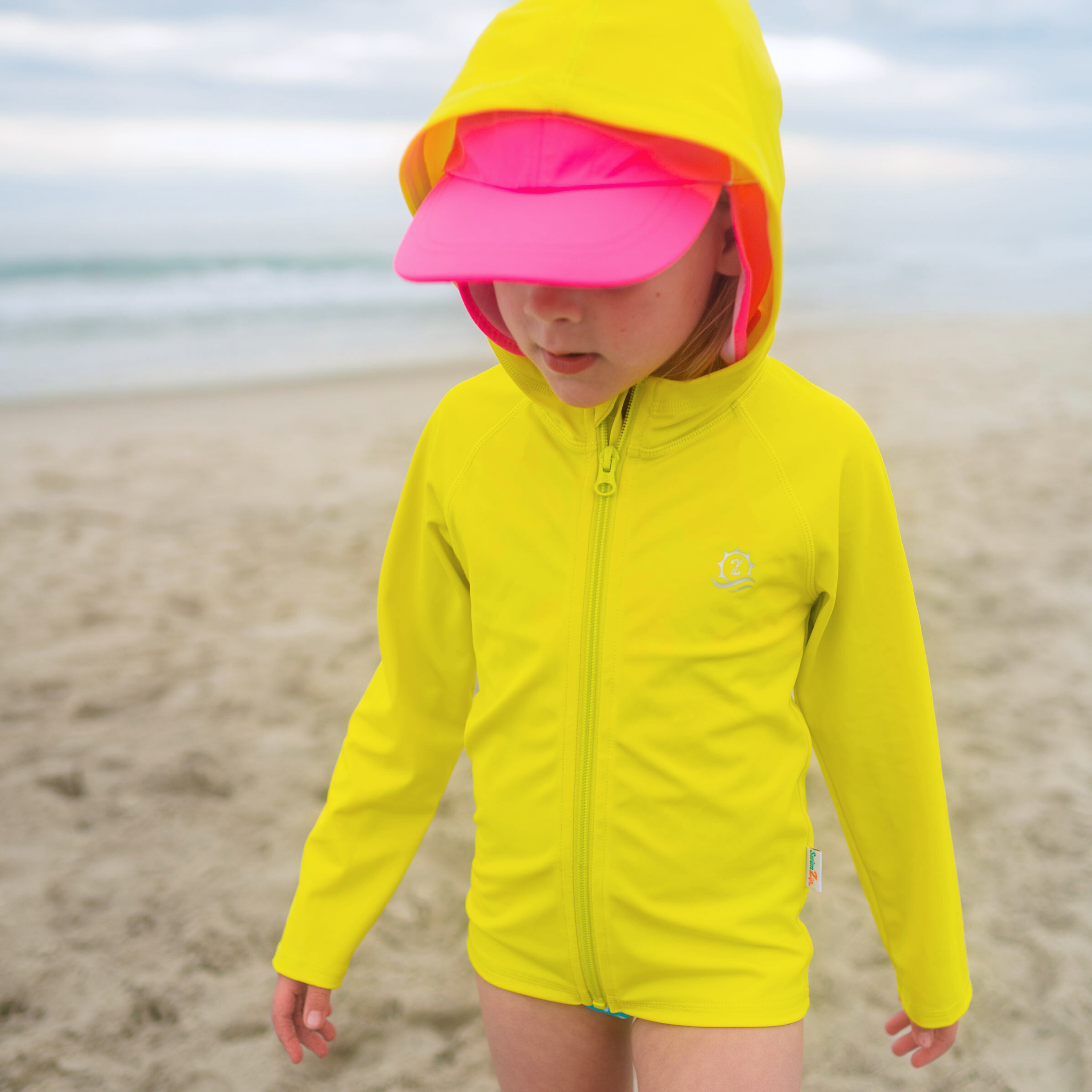 Kids Hooded Long Sleeve Zipper Rash Guard Swim Shirt | "Sulphur Yellow"-SwimZip UPF 50+ Sun Protective Swimwear & UV Zipper Rash Guards-pos6