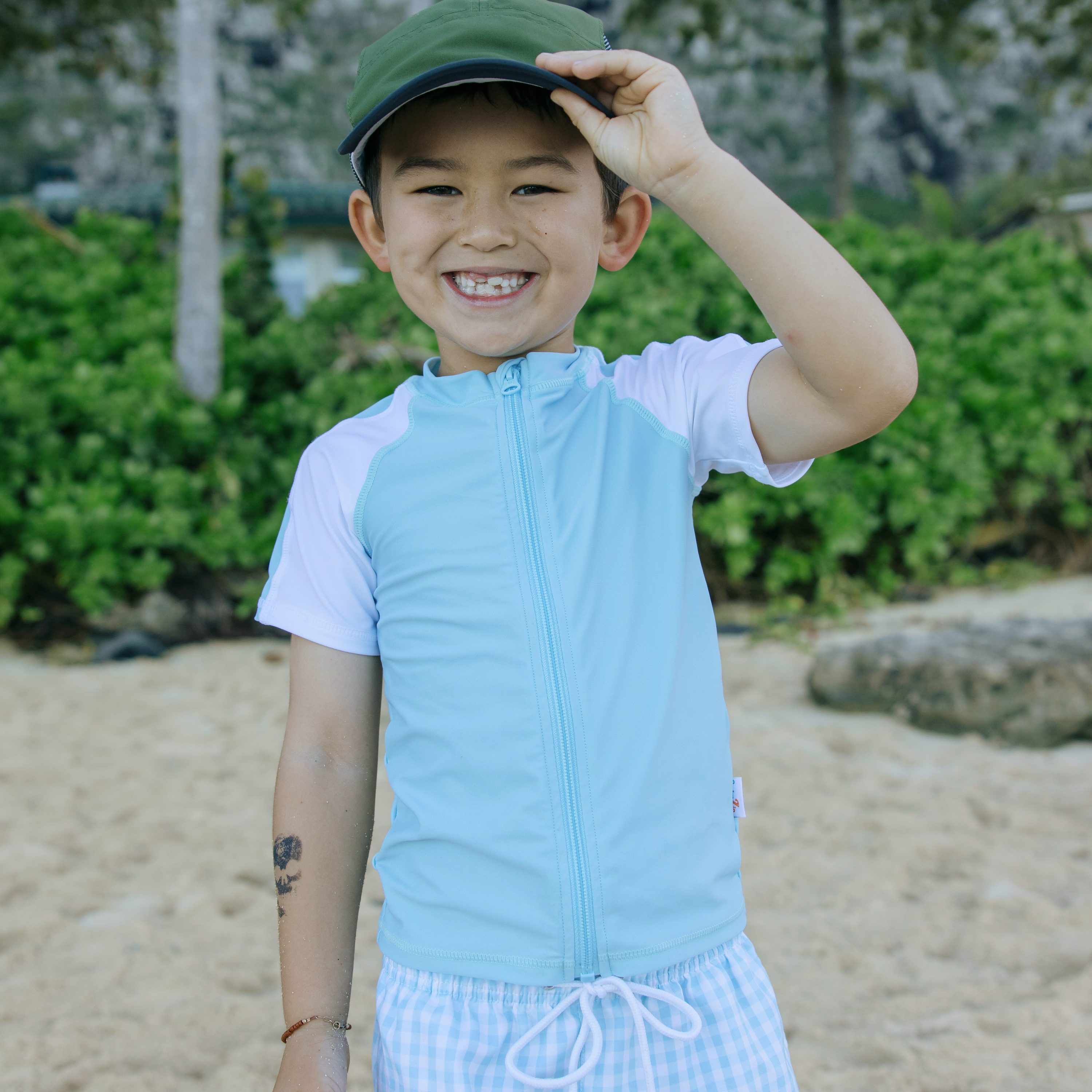 Boys Short Sleeve Zipper Rash Guard and Swim Trunk Set | "Blue Gingham"-SwimZip UPF 50+ Sun Protective Swimwear & UV Zipper Rash Guards-pos7