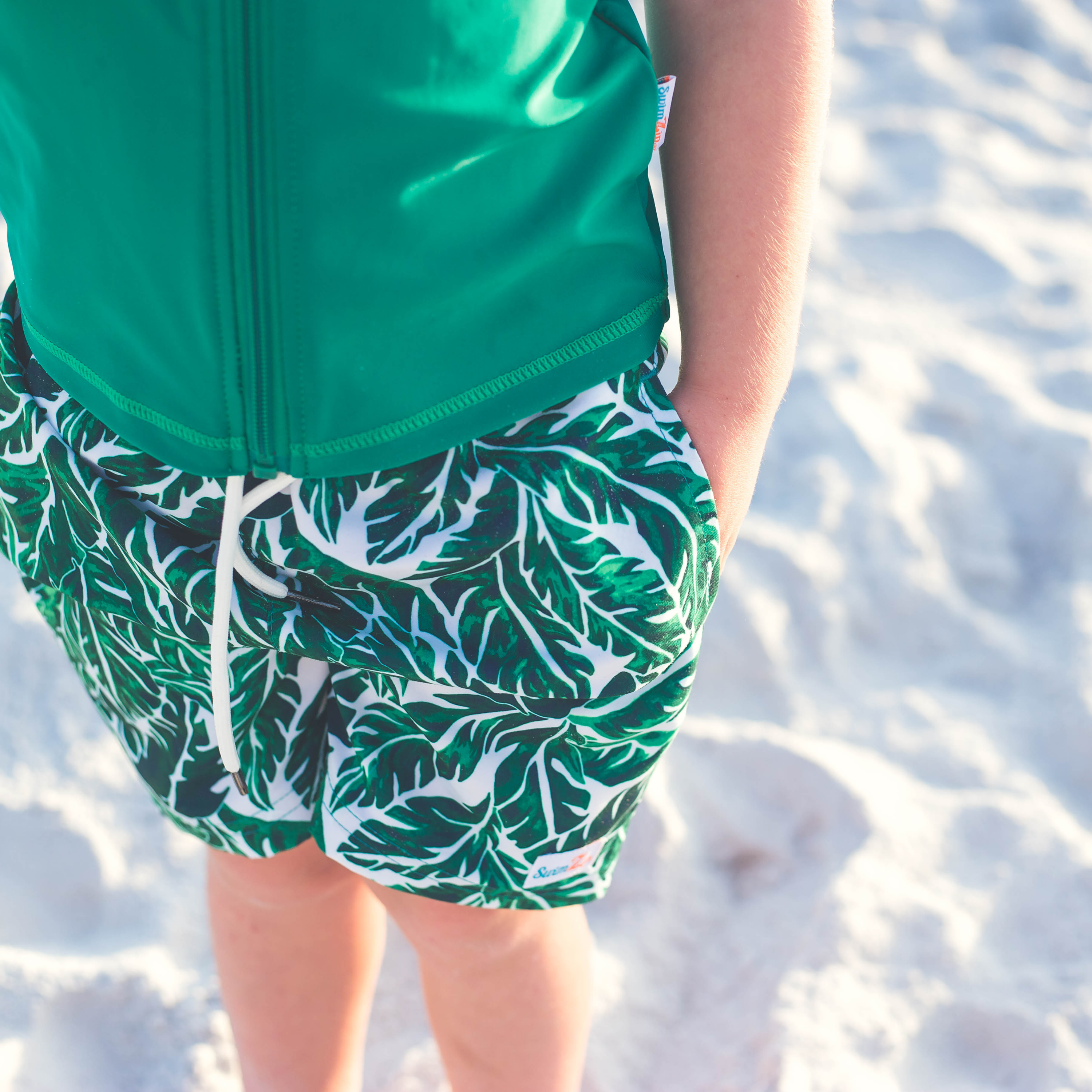 Boys Short Sleeve Zipper Rash Guard and Swim Trunk Set | "Palm Leaf"-SwimZip UPF 50+ Sun Protective Swimwear & UV Zipper Rash Guards-pos3
