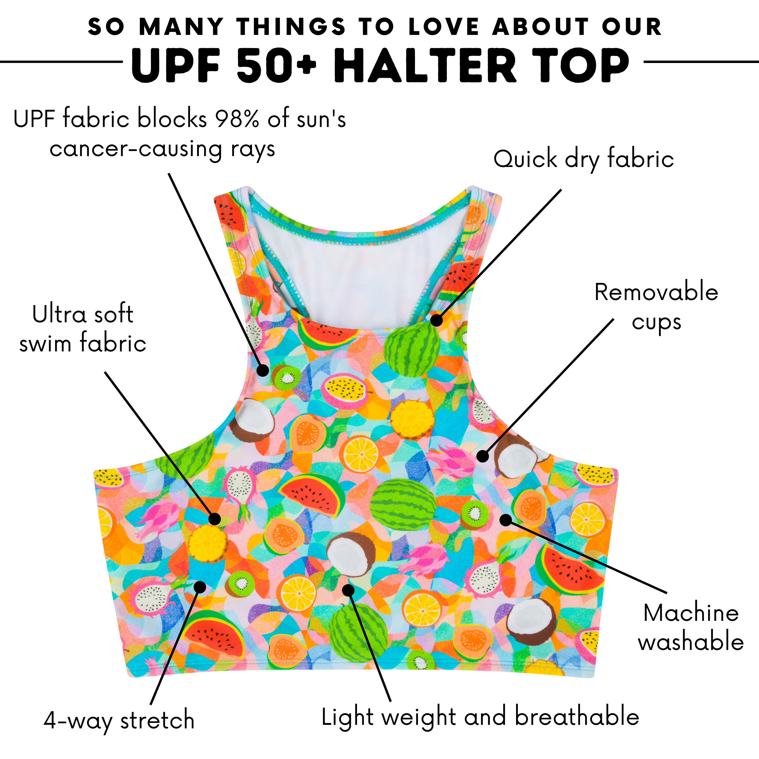 Women's Halter Bikini Top | "Fruit Salad"-SwimZip UPF 50+ Sun Protective Swimwear & UV Zipper Rash Guards-pos4