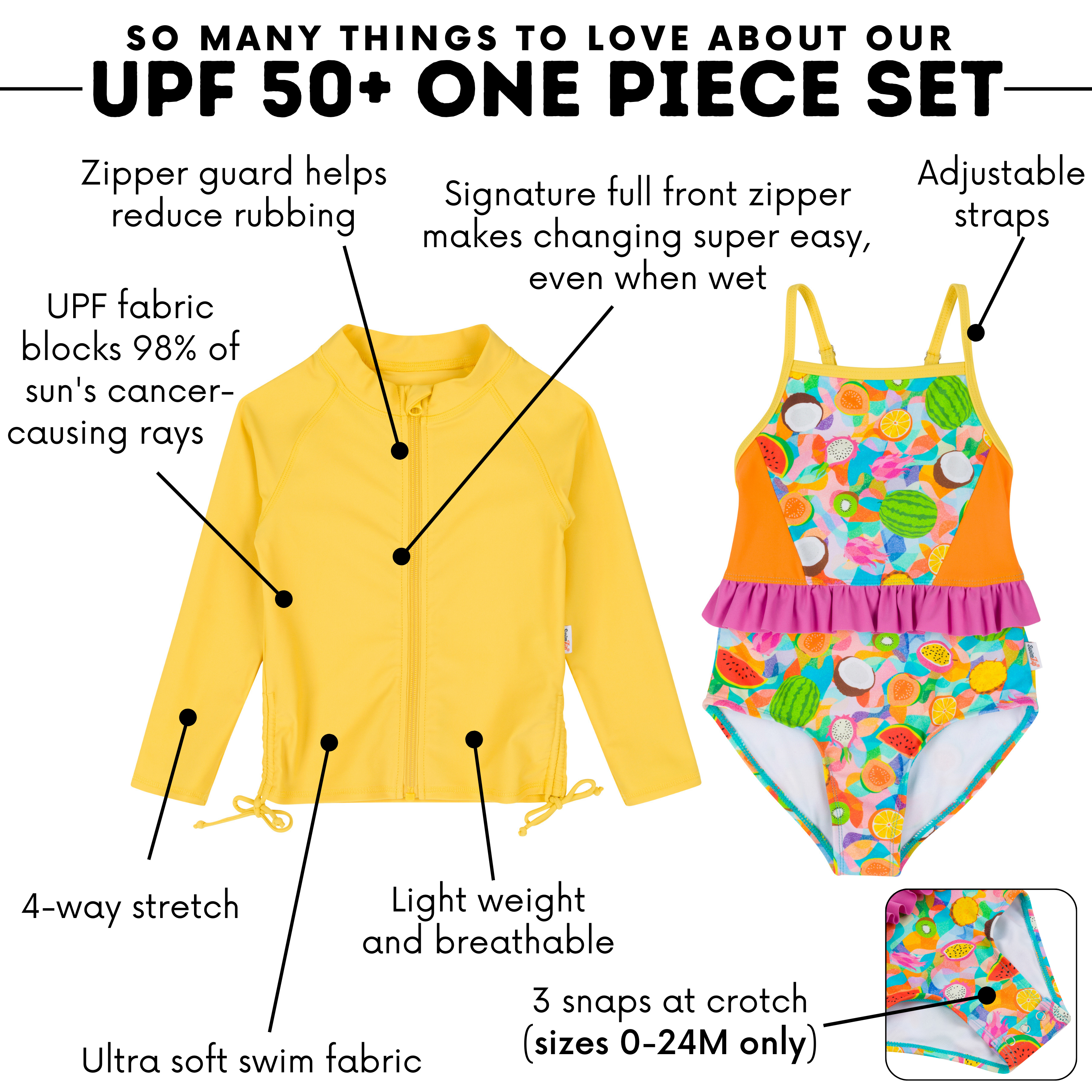 Girls One-Piece Swimsuit + Long Sleeve Rash Guard Set (2 Piece) | "Fruit Salad"-SwimZip UPF 50+ Sun Protective Swimwear & UV Zipper Rash Guards-pos4