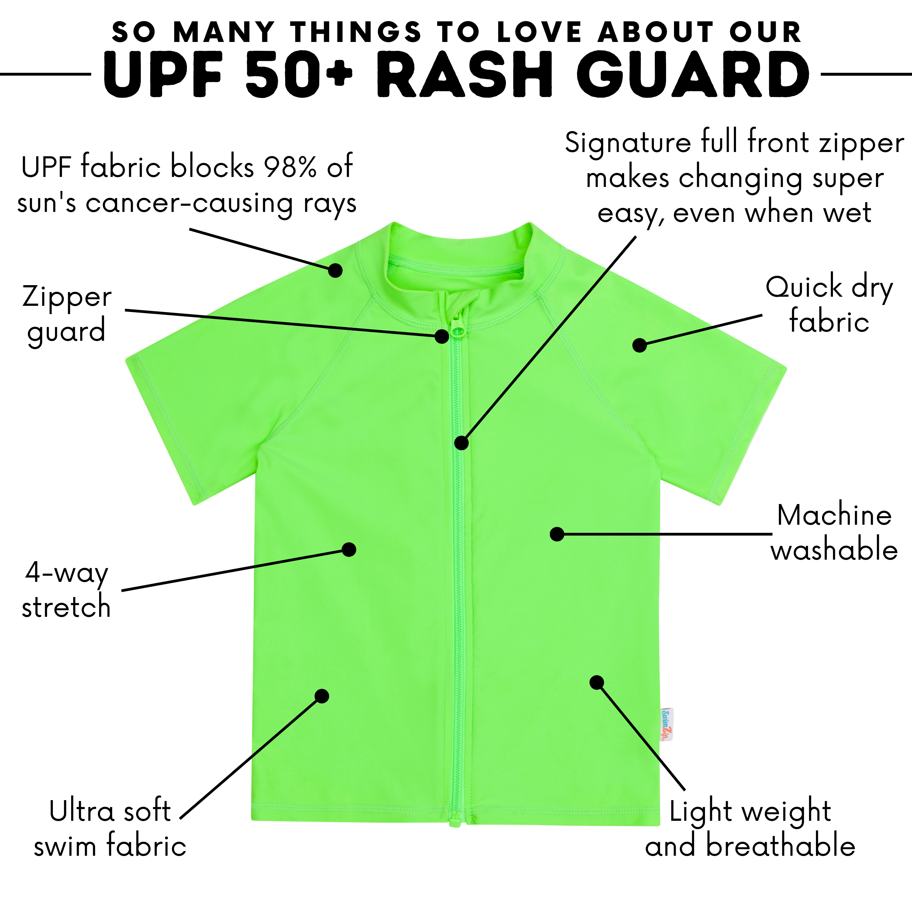 Kids Short Sleeve Zipper Rash Guard Swim Shirt | “Neon Green”-SwimZip UPF 50+ Sun Protective Swimwear & UV Zipper Rash Guards-pos4
