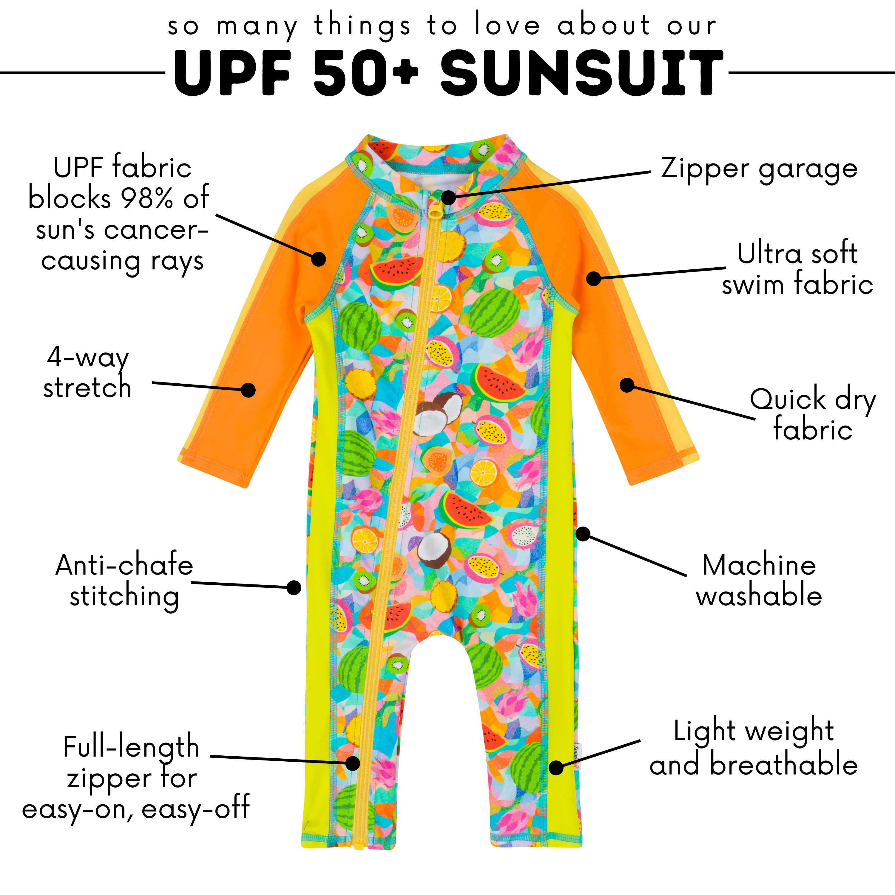 Sunsuit - Long Sleeve Romper Swimsuit | "Fruit Salad"-SwimZip UPF 50+ Sun Protective Swimwear & UV Zipper Rash Guards-pos4