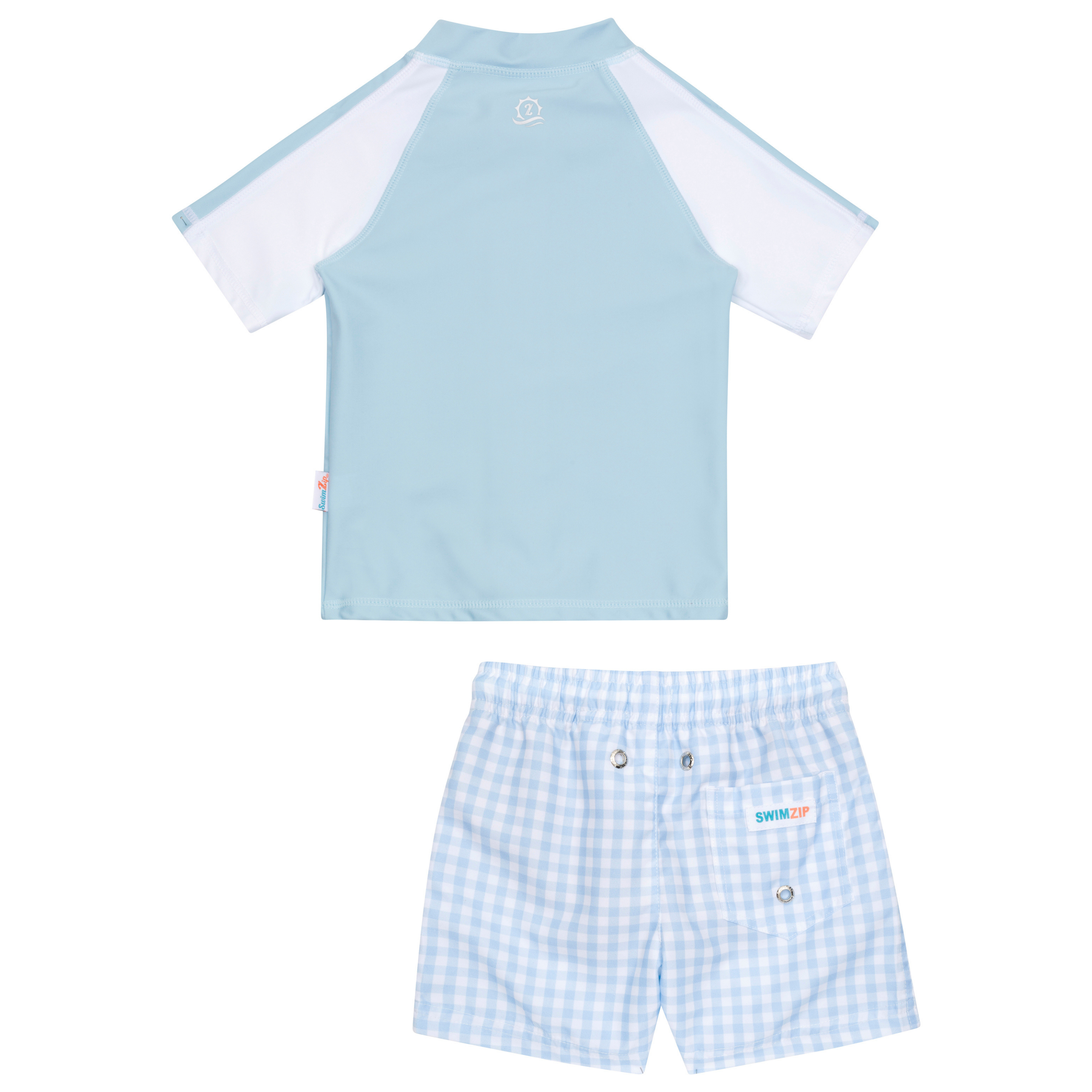 Boys Short Sleeve Zipper Rash Guard and Swim Trunk Set | "Blue Gingham"-SwimZip UPF 50+ Sun Protective Swimwear & UV Zipper Rash Guards-pos8