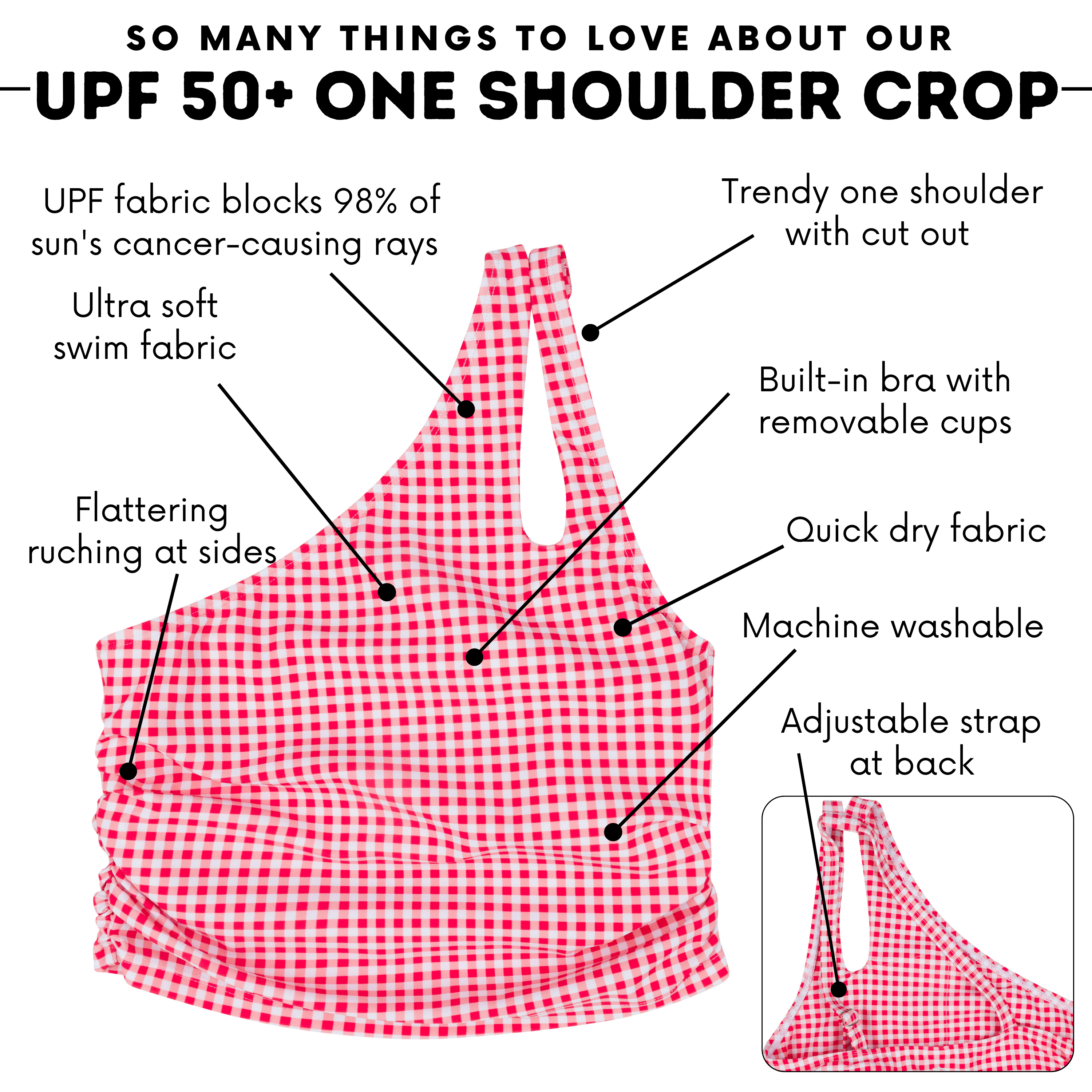 Women’s One Shoulder Crop Tankini Top | “Red Gingham"-SwimZip UPF 50+ Sun Protective Swimwear & UV Zipper Rash Guards-pos4