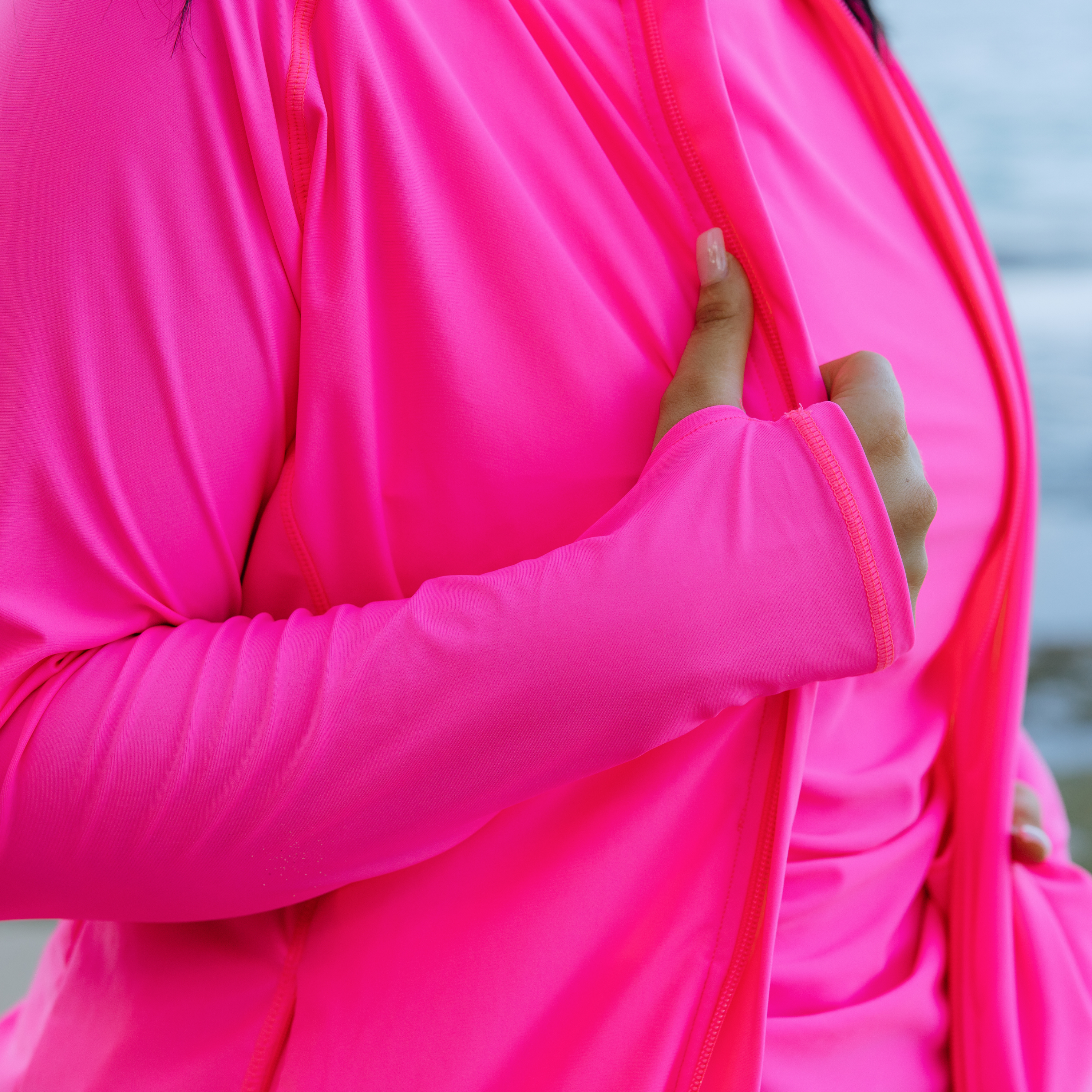 Women's Long Sleeve Rash Guard with Pockets | "Neon Pink"-SwimZip UPF 50+ Sun Protective Swimwear & UV Zipper Rash Guards-pos7