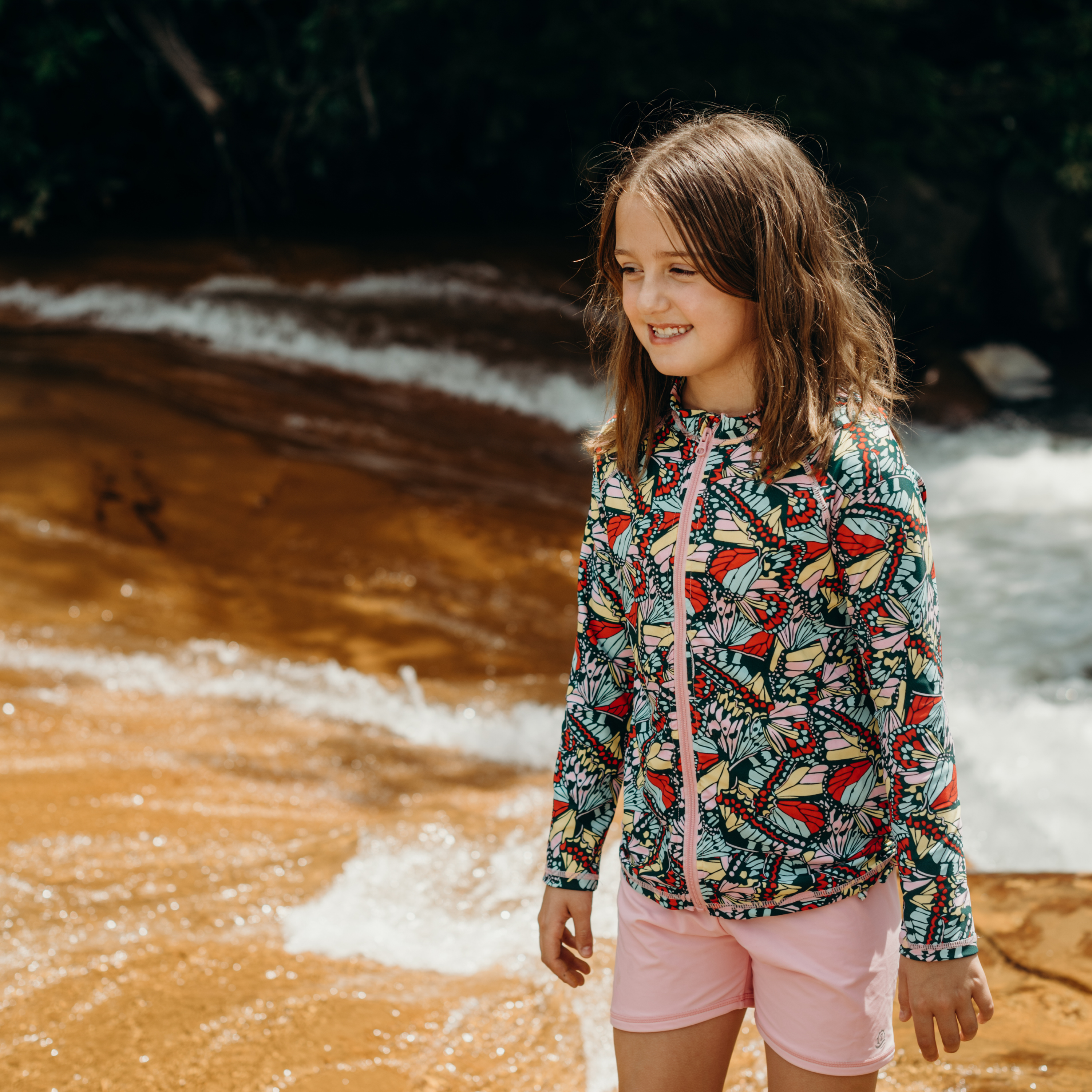 Girls Long Sleeve Rash Guard + Tankini Shorts Set (3 Piece) | "Butterfly Love"-SwimZip UPF 50+ Sun Protective Swimwear & UV Zipper Rash Guards-pos2