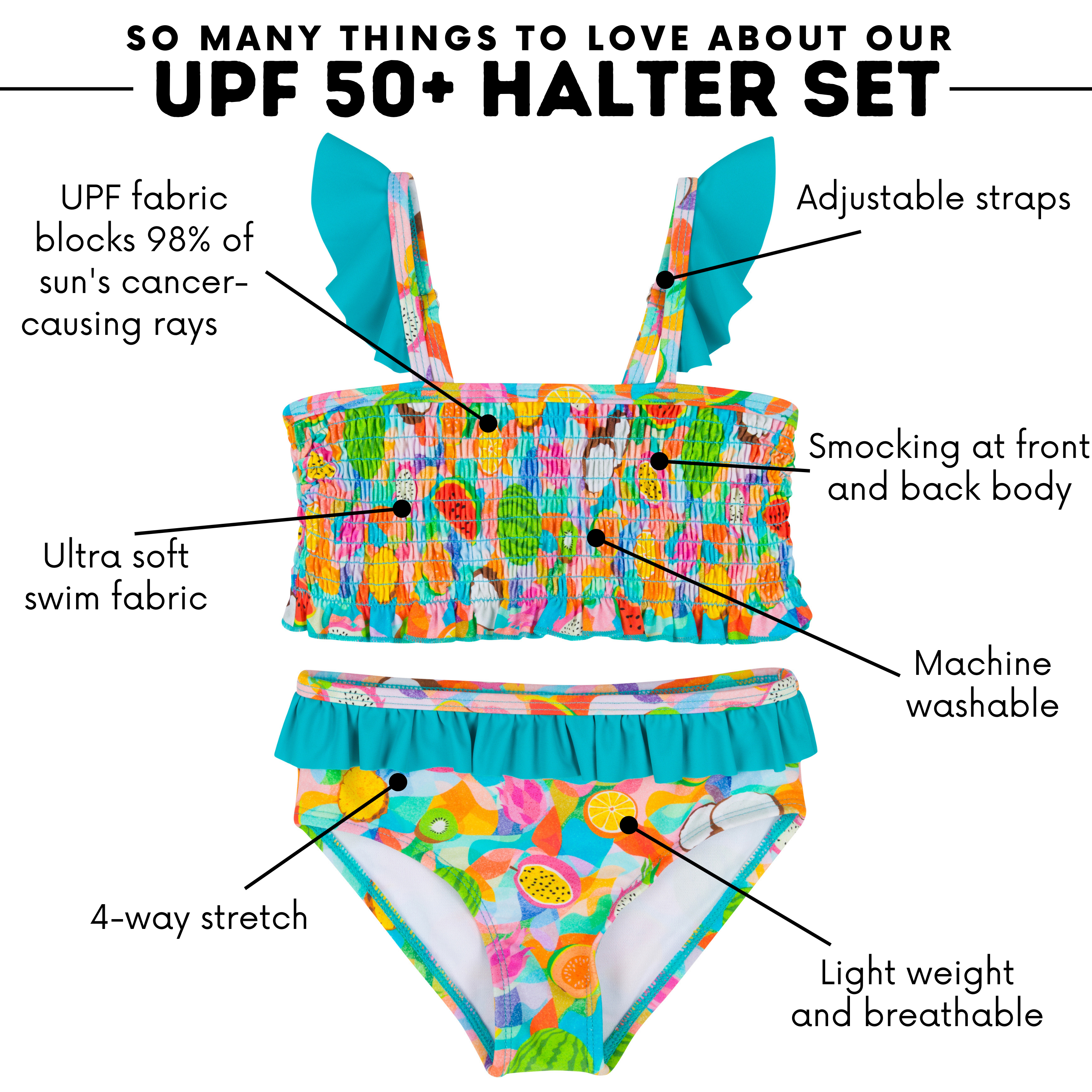 Girls Smocked Bikini (2 Piece) - "Fruit Salad"-SwimZip UPF 50+ Sun Protective Swimwear & UV Zipper Rash Guards-pos4