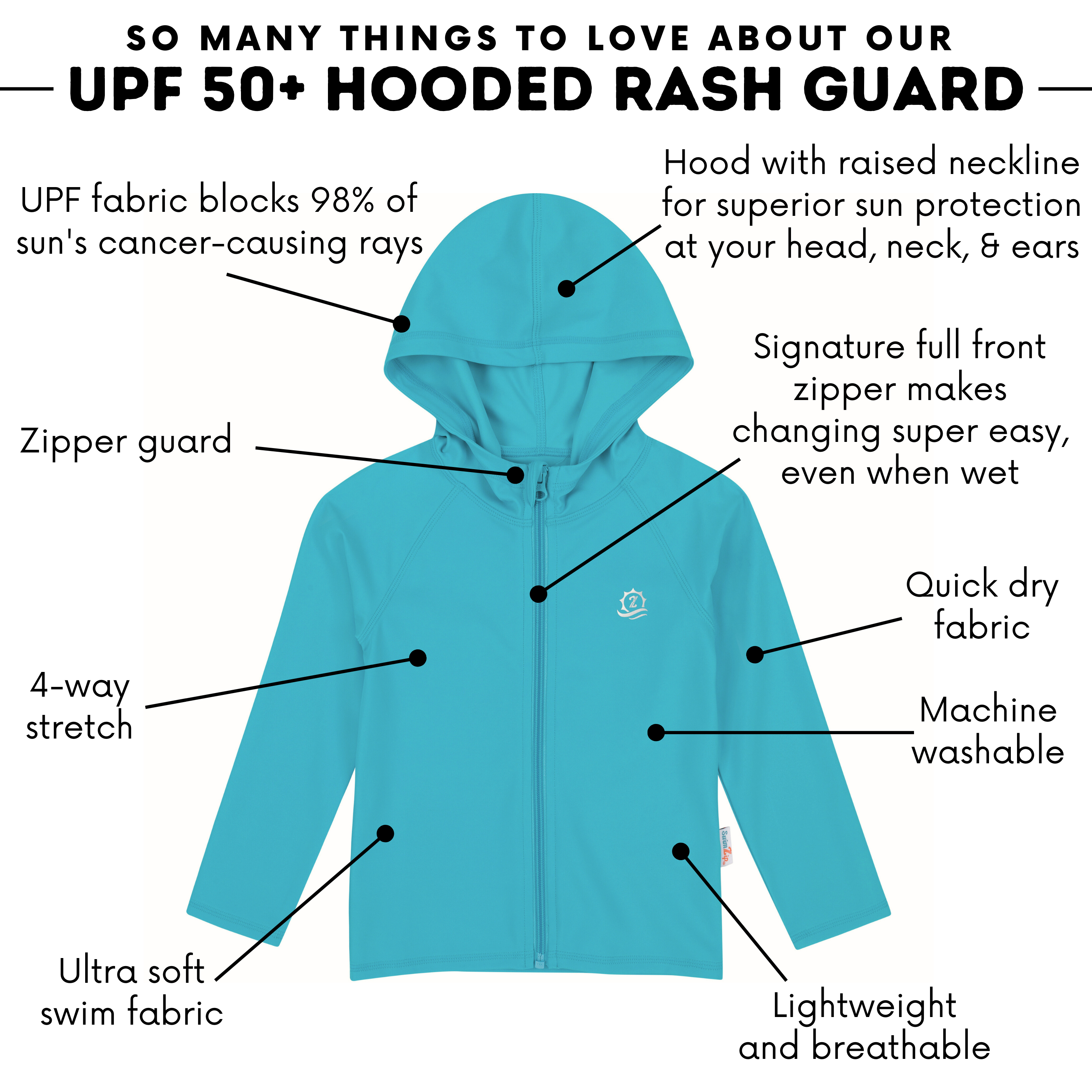 Kids Hooded Long Sleeve Zipper Rash Guard Swim Shirt | "Scuba Blue"-SwimZip UPF 50+ Sun Protective Swimwear & UV Zipper Rash Guards-pos4
