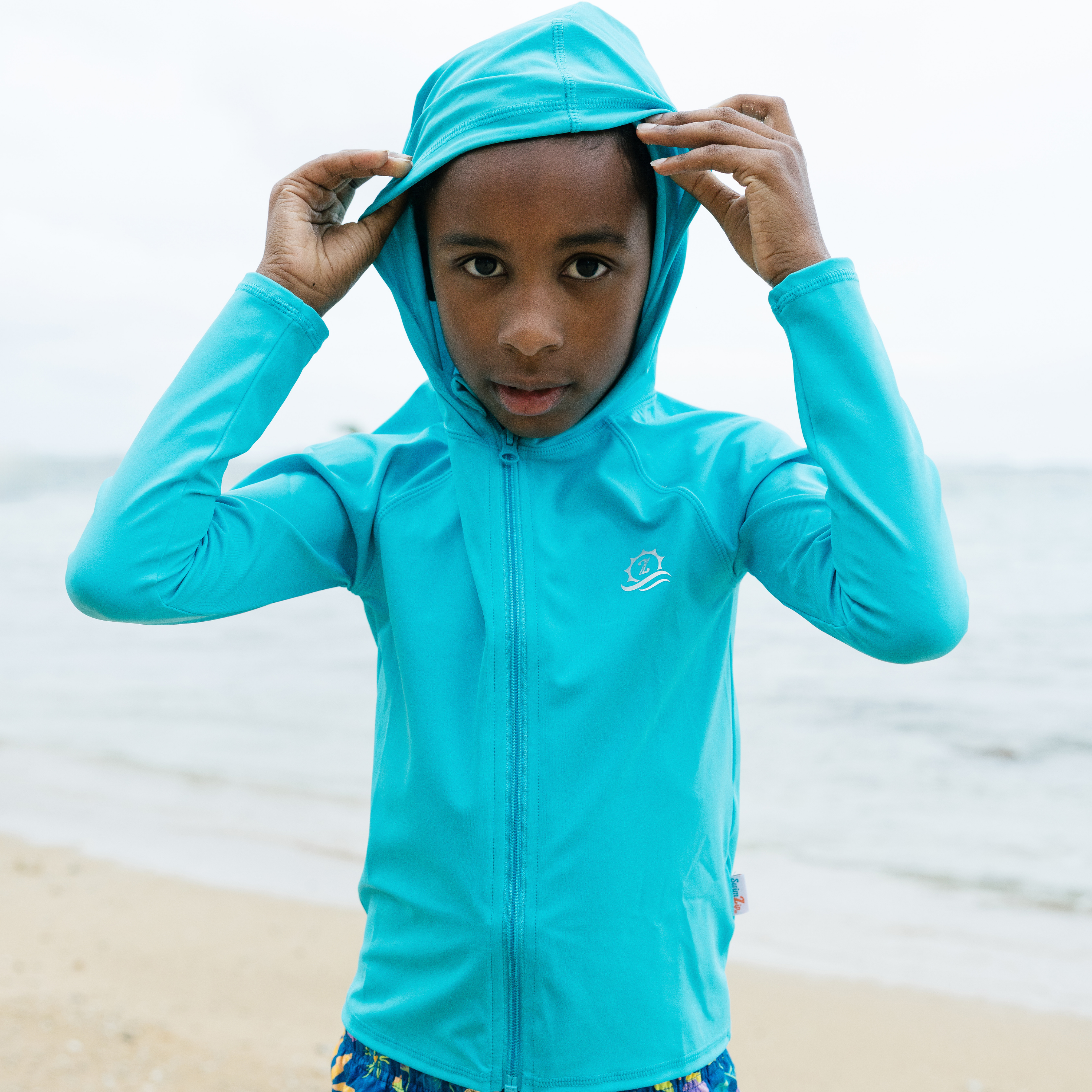 Kids Hooded Long Sleeve Zipper Rash Guard Swim Shirt | "Scuba Blue"-SwimZip UPF 50+ Sun Protective Swimwear & UV Zipper Rash Guards-pos6