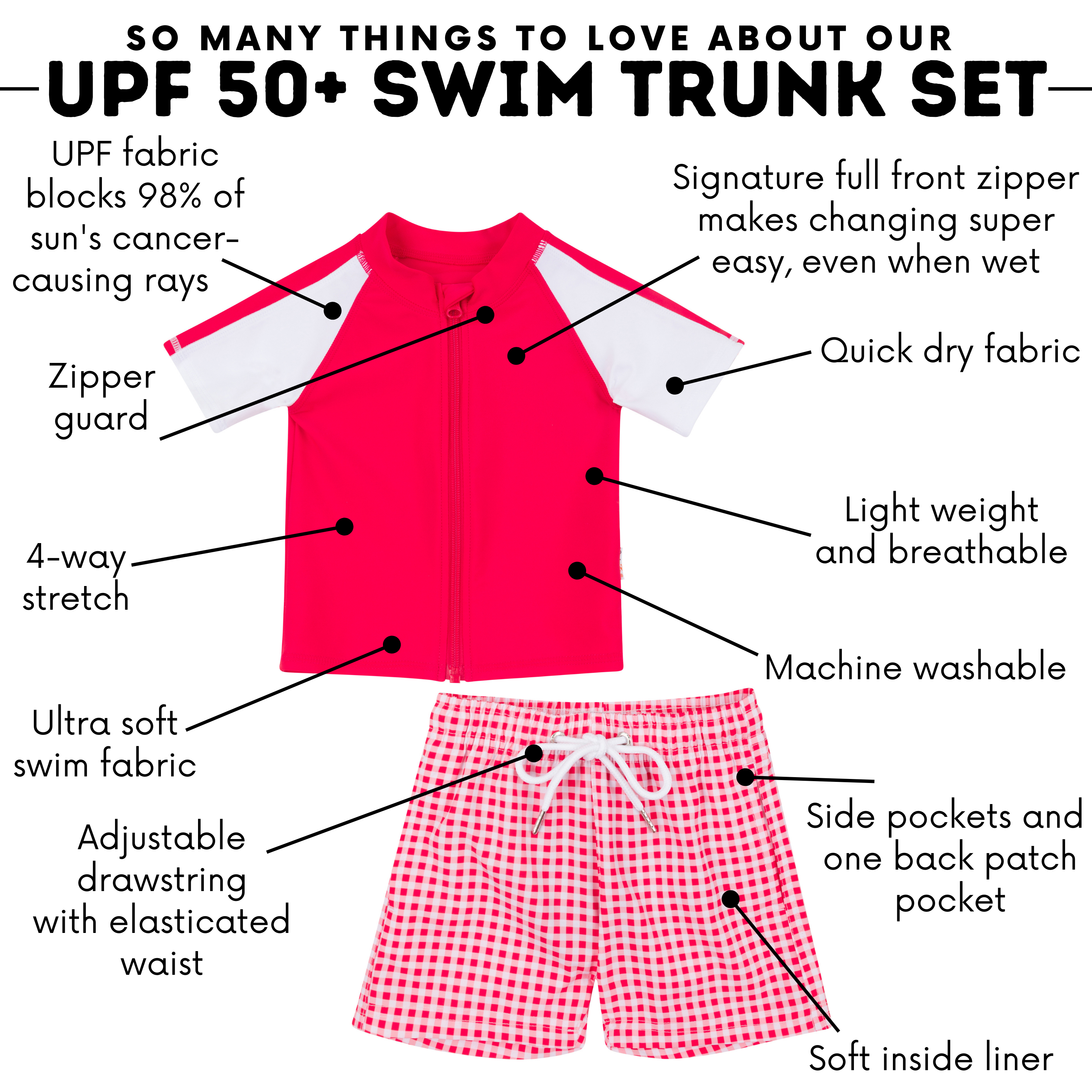 Boys Short Sleeve Zipper Rash Guard and Swim Trunk Set | "Red Gingham"-SwimZip UPF 50+ Sun Protective Swimwear & UV Zipper Rash Guards-pos3