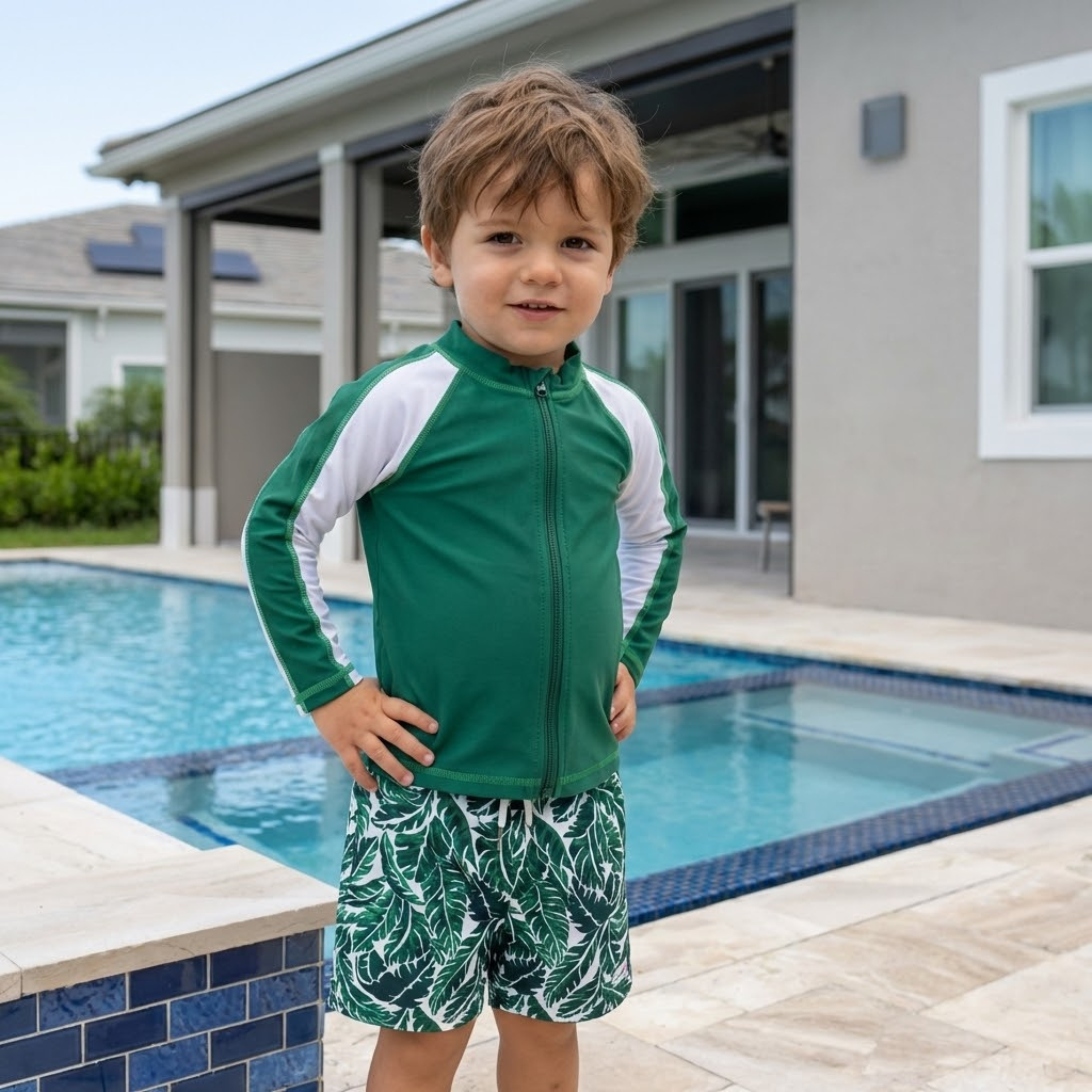 Boys Long Sleeve Zipper Rash Guard and Swim Trunk Set | "Palm Leaf"-SwimZip UPF 50+ Sun Protective Swimwear & UV Zipper Rash Guards-pos2