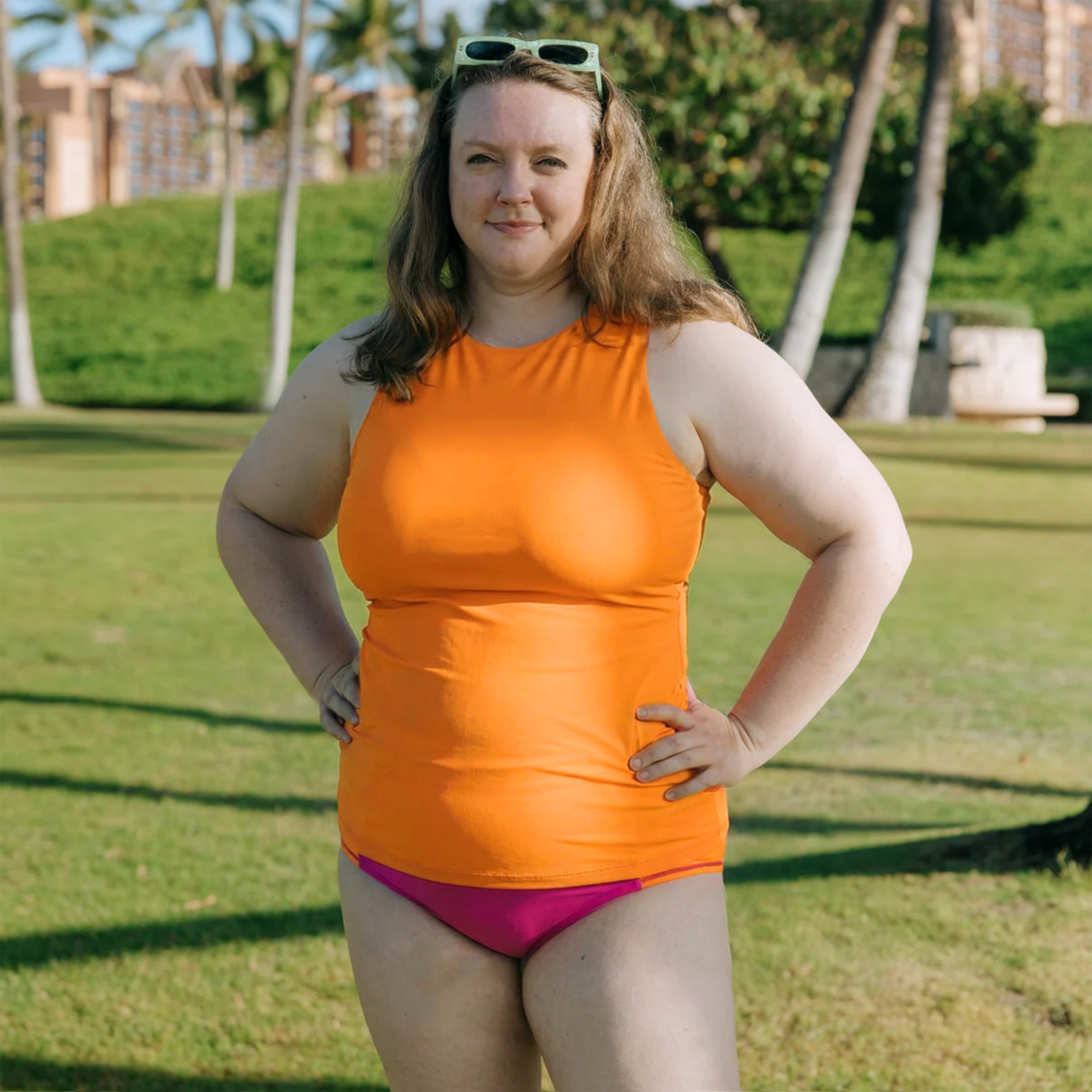 Women’s High Neck Fitted Tankini Top | “Orange"-SwimZip UPF 50+ Sun Protective Swimwear & UV Zipper Rash Guards-pos3