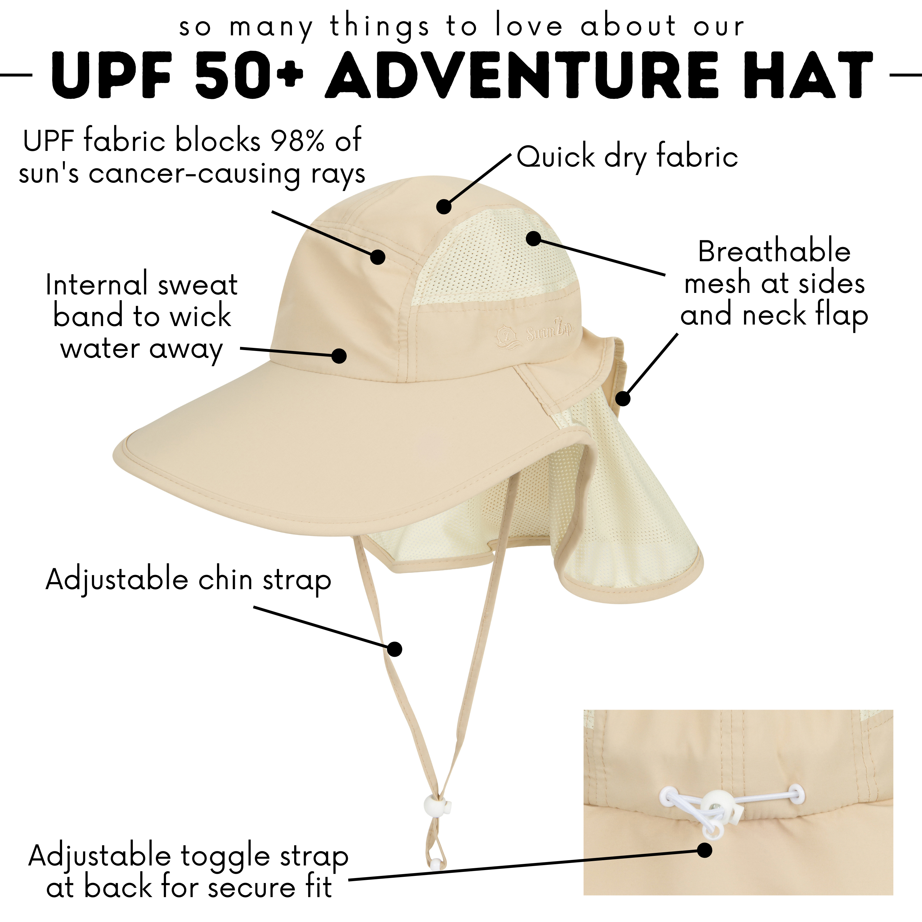 Adult Wide Brim + Flap Neck Sun Protective Adventure Hat | Beige-Adult-Beige-SwimZip UPF 50+ Sun Protective Swimwear & UV Zipper Rash Guards-pos4