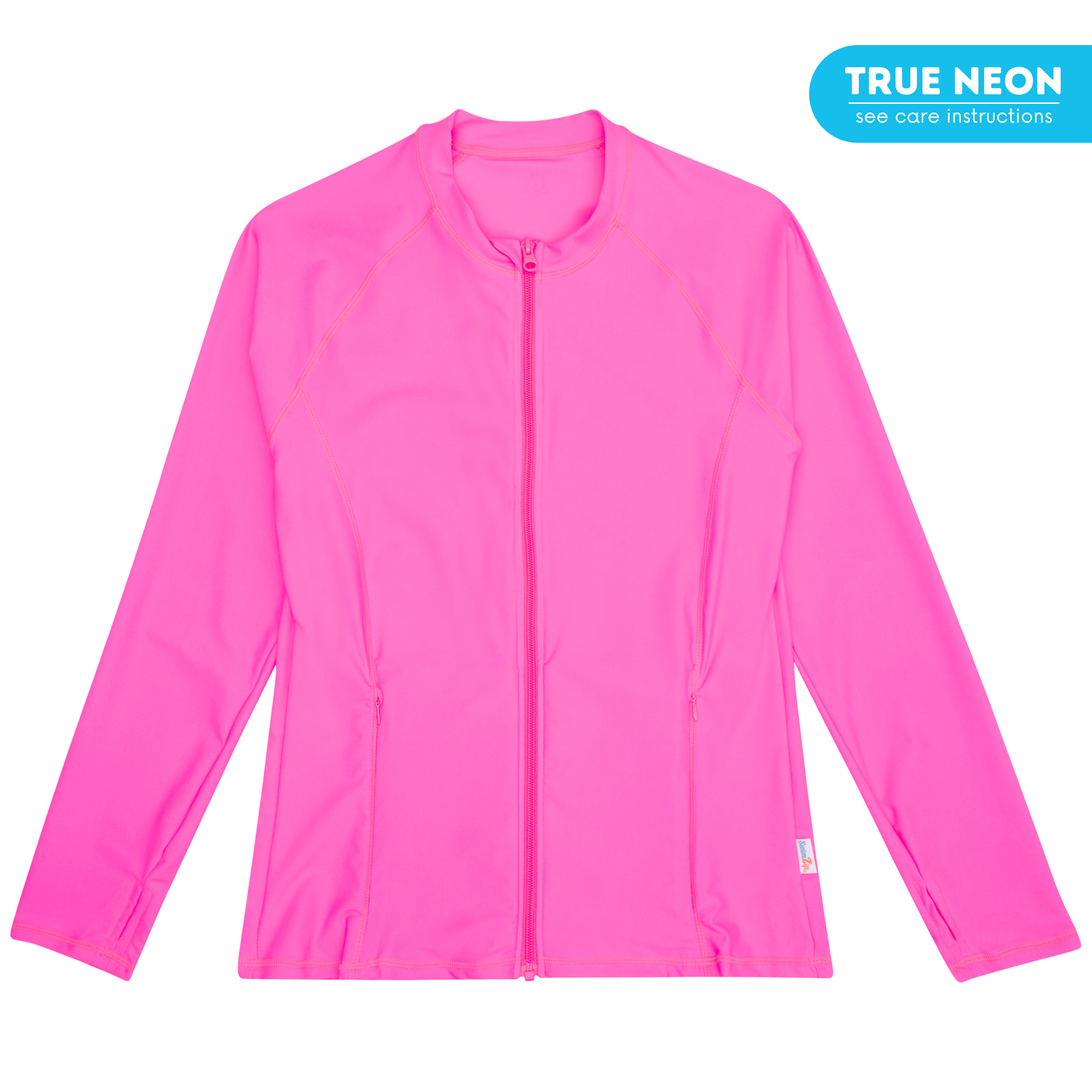 Women's Long Sleeve Rash Guard with Pockets | "Neon Pink"-XS-Neon Pink-SwimZip UPF 50+ Sun Protective Swimwear & UV Zipper Rash Guards-pos1