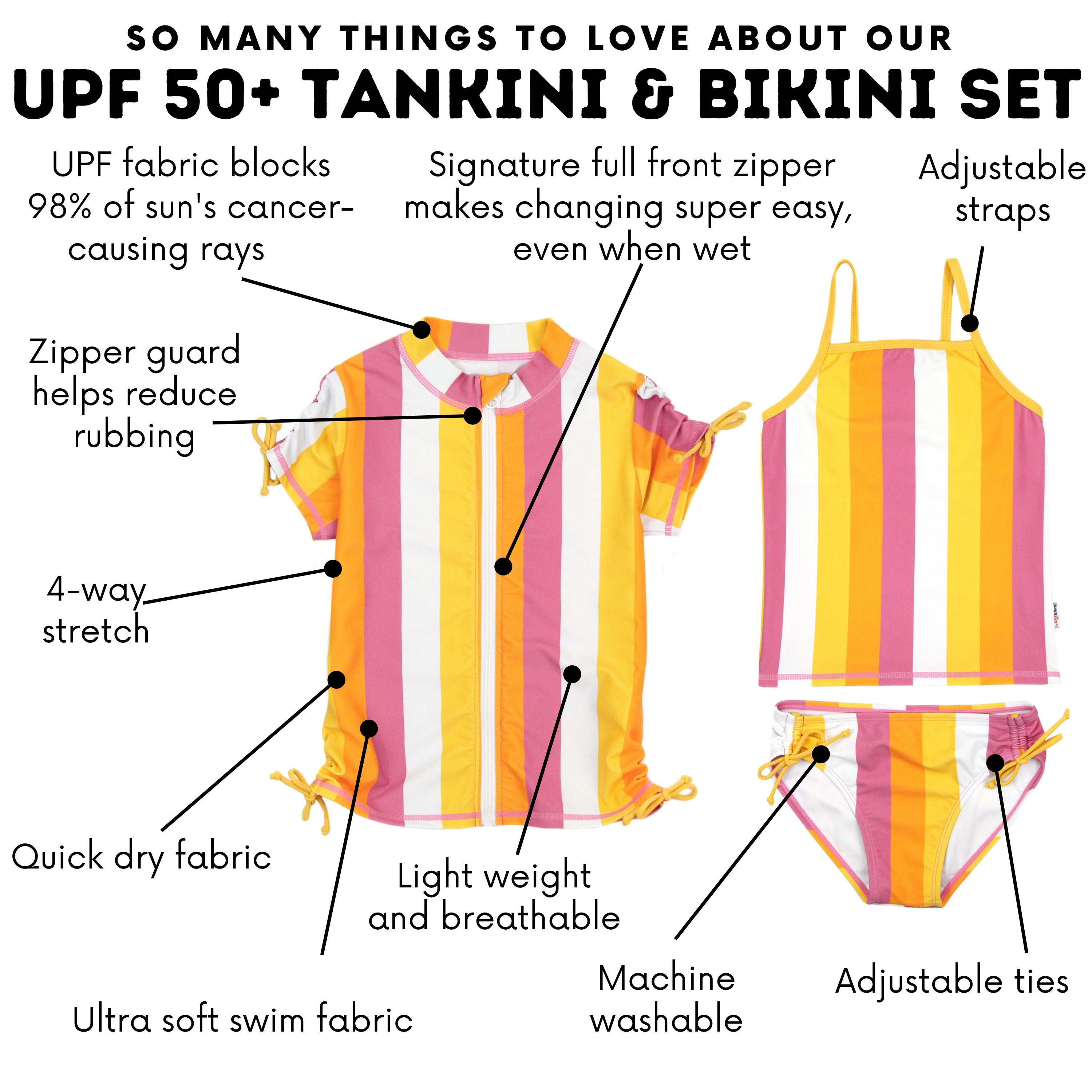 Girls Short Sleeve Rash Guard + Tankini Bikini Set (3 Piece) | "Be Bold”-SwimZip UPF 50+ Sun Protective Swimwear & UV Zipper Rash Guards-pos5