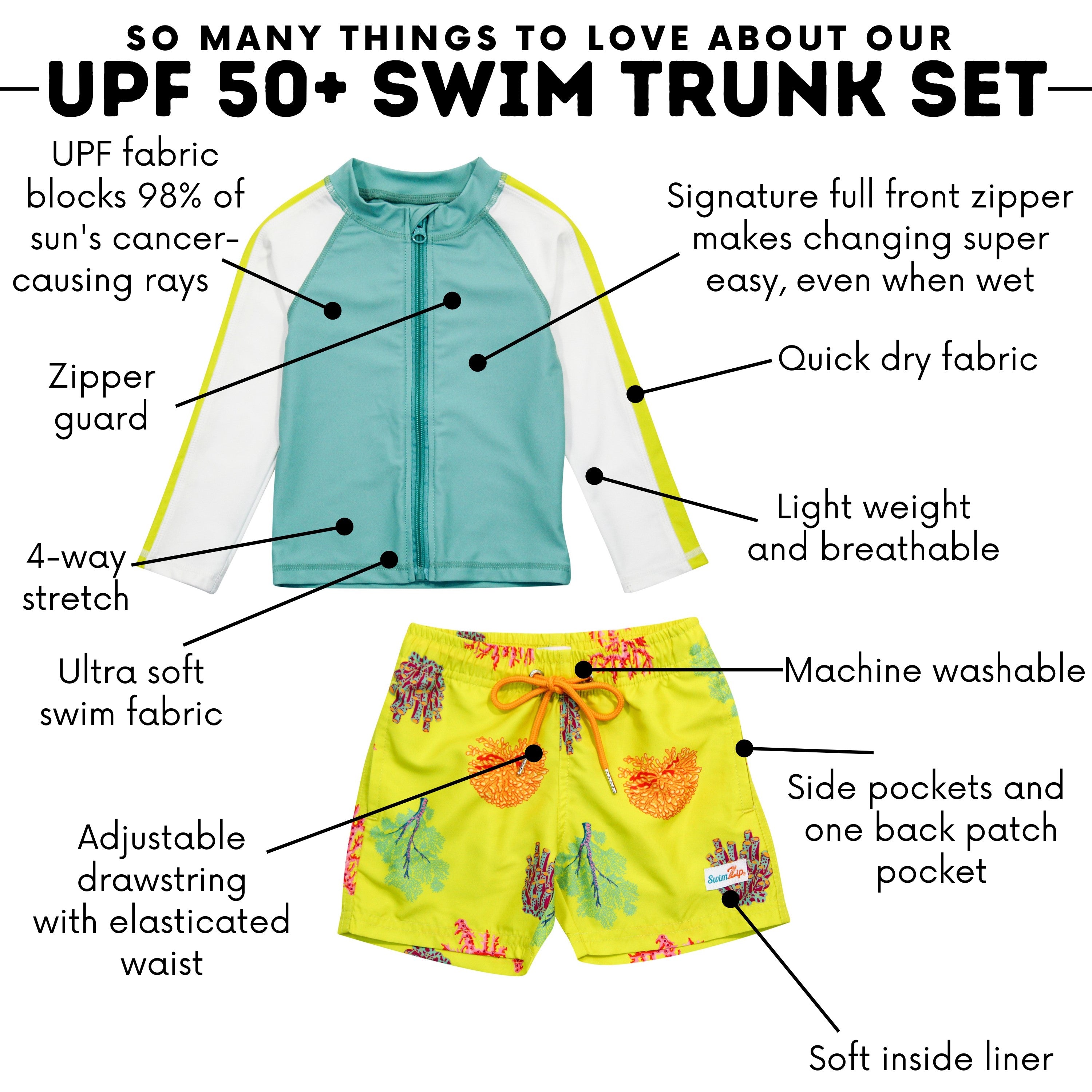 Boys Long Sleeve Zipper Rash Guard and Swim Trunk Set | "Coral"-SwimZip UPF 50+ Sun Protective Swimwear & UV Zipper Rash Guards-pos4