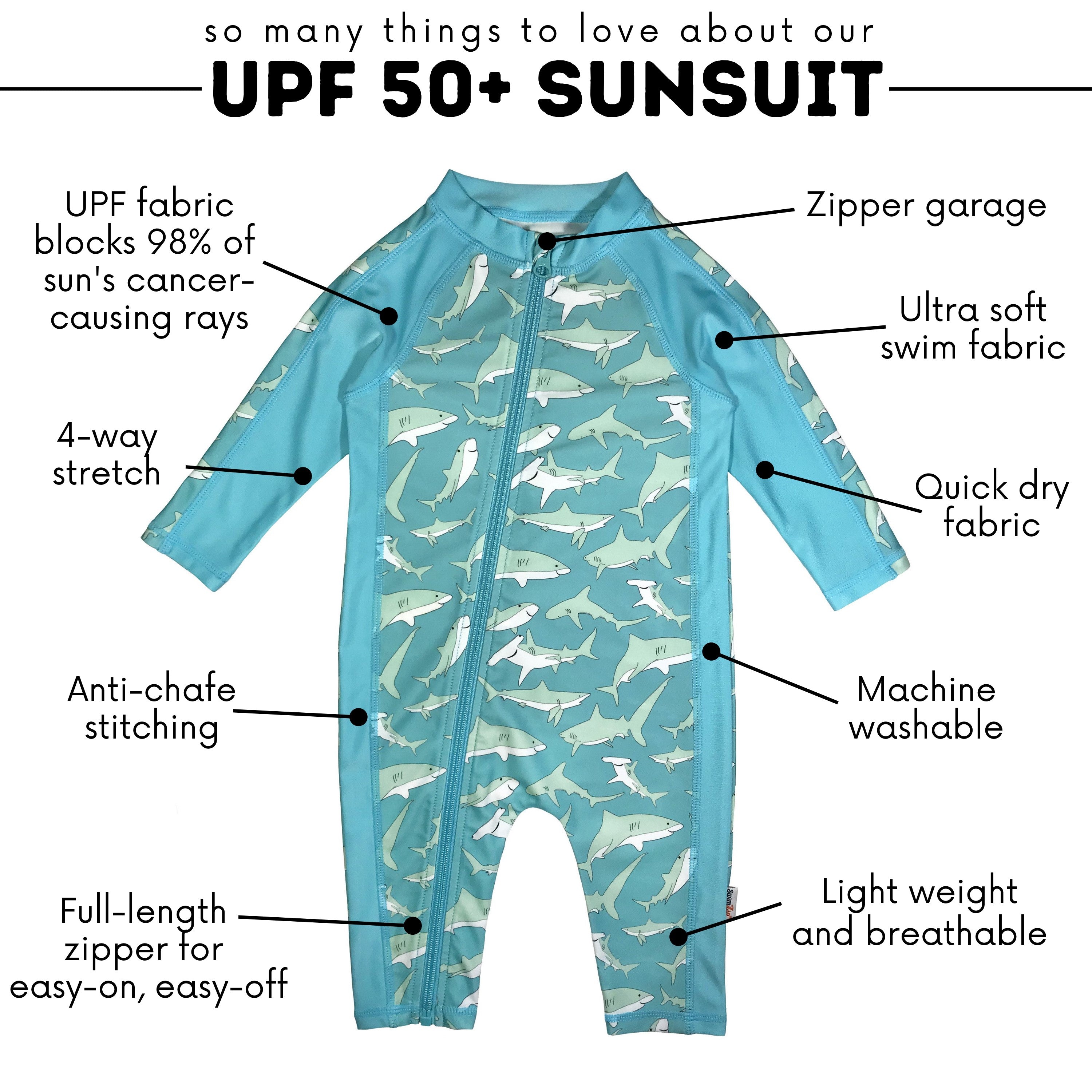 SwimZip Boy's Long Sleeve Sunsuit One-Piece Romper - Deep Blue Sharks